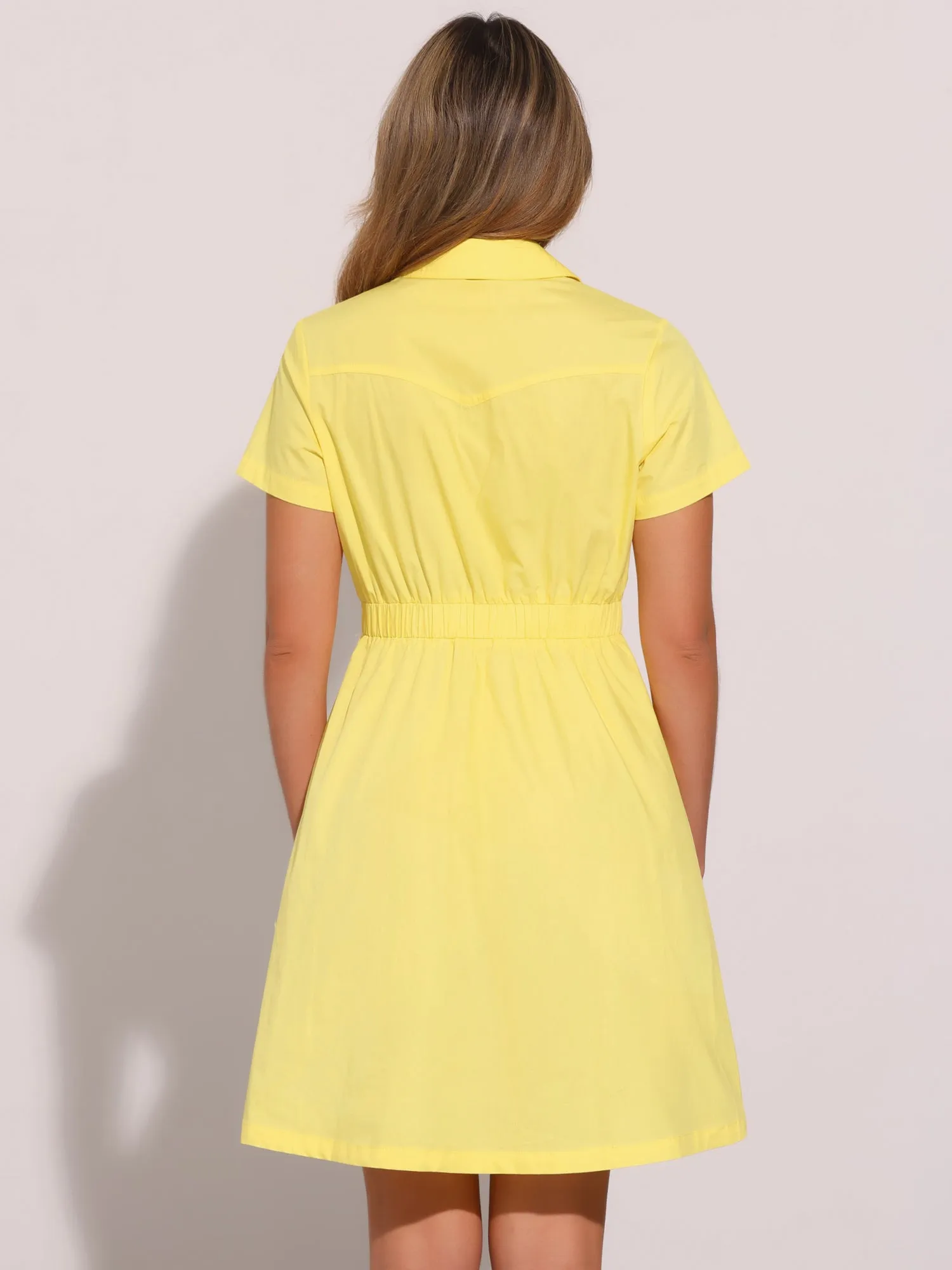 Cotton Button Down Lace-Up Collar Cargo Shirt Dress