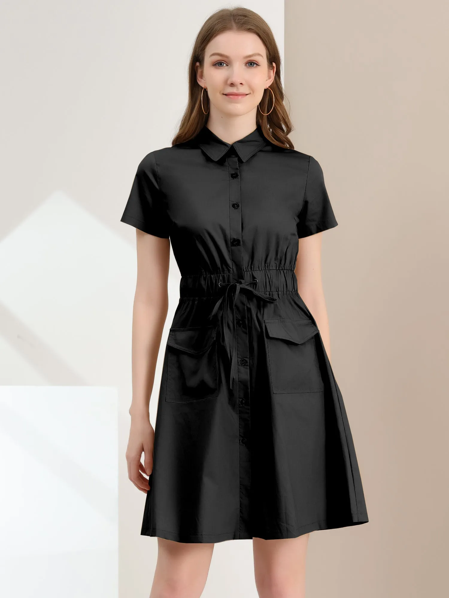 Cotton Button Down Lace-Up Collar Cargo Shirt Dress