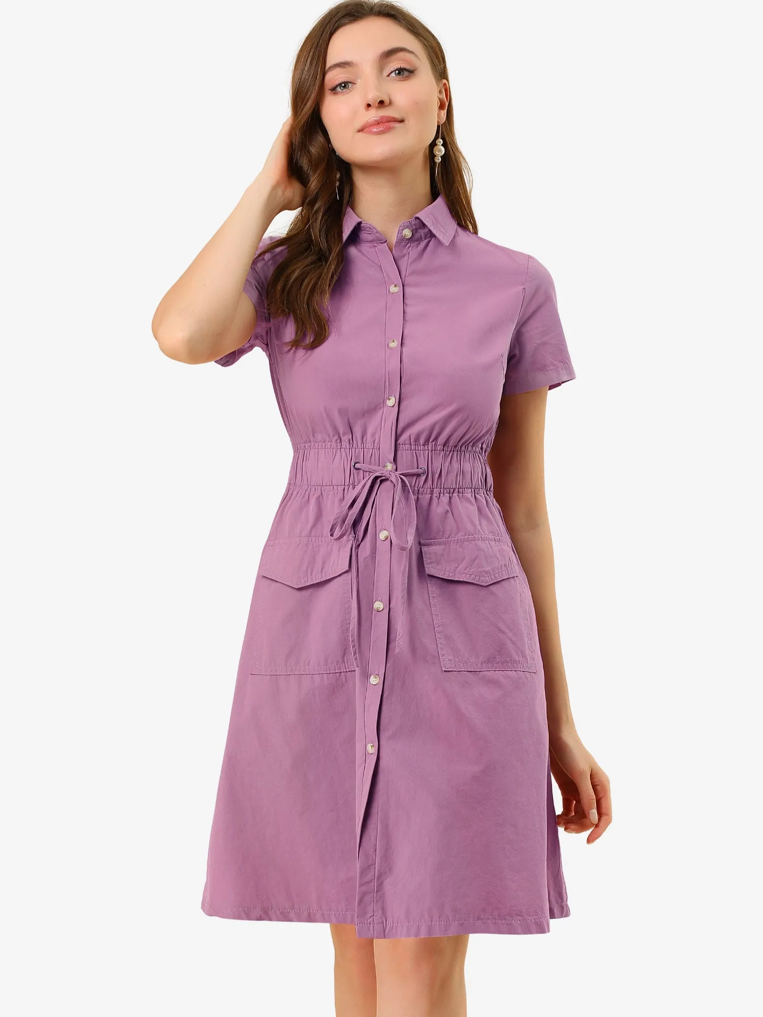 Cotton Button Down Lace-Up Collar Cargo Shirt Dress