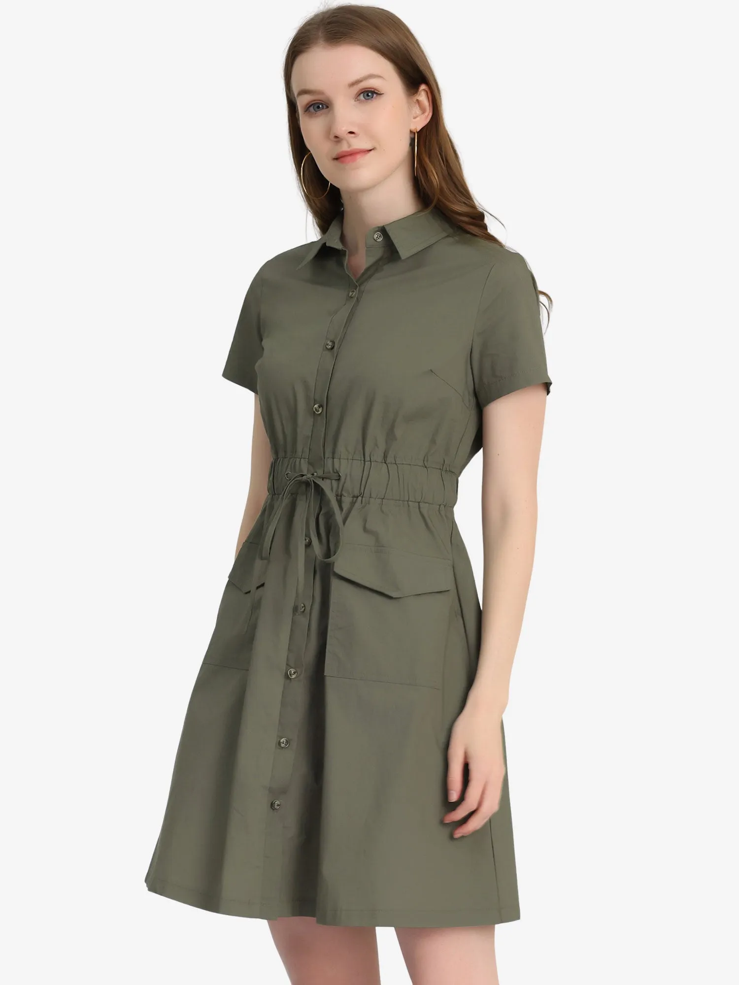 Cotton Button Down Lace-Up Collar Cargo Shirt Dress