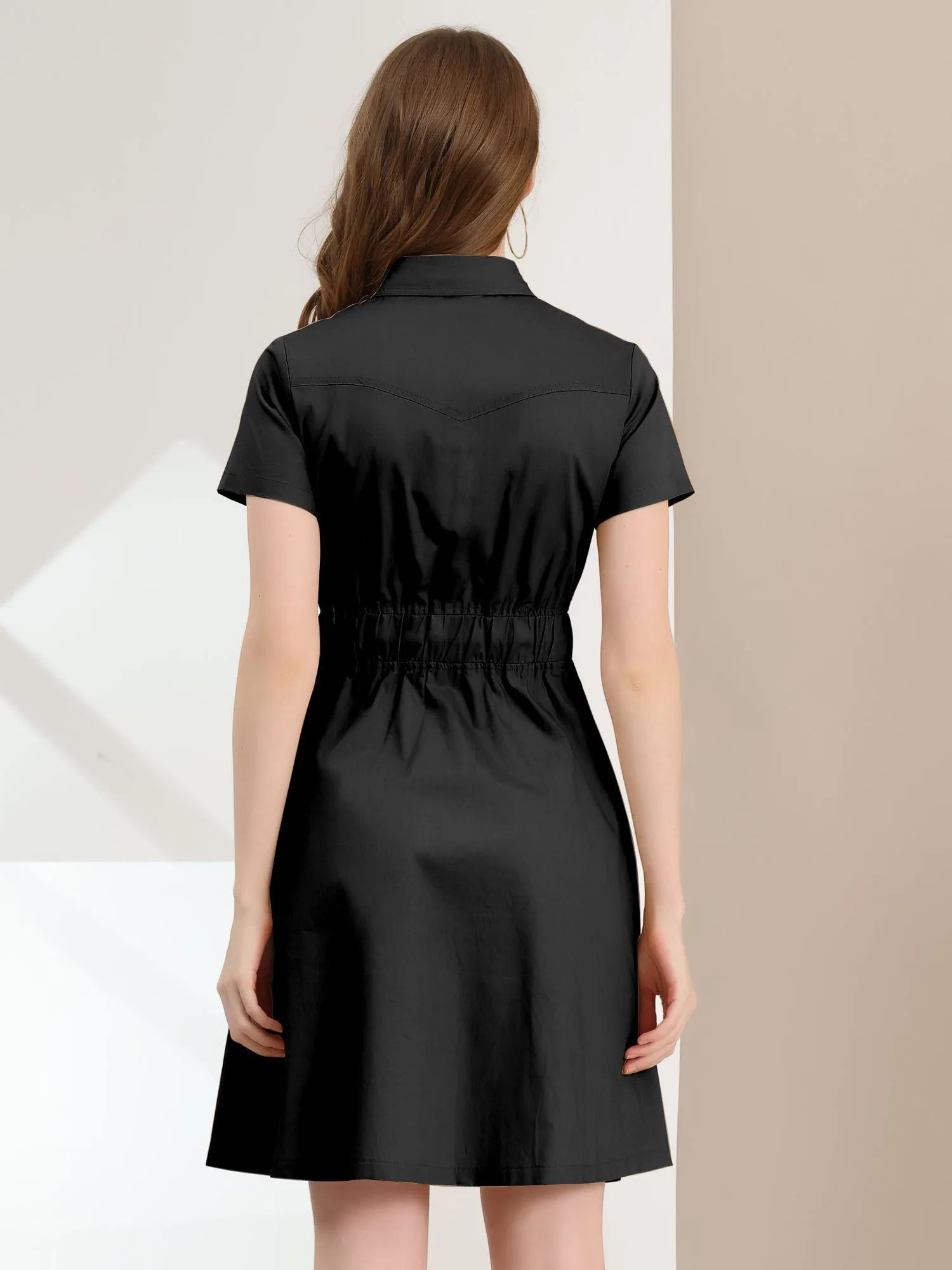 Cotton Button Down Lace-Up Collar Cargo Shirt Dress