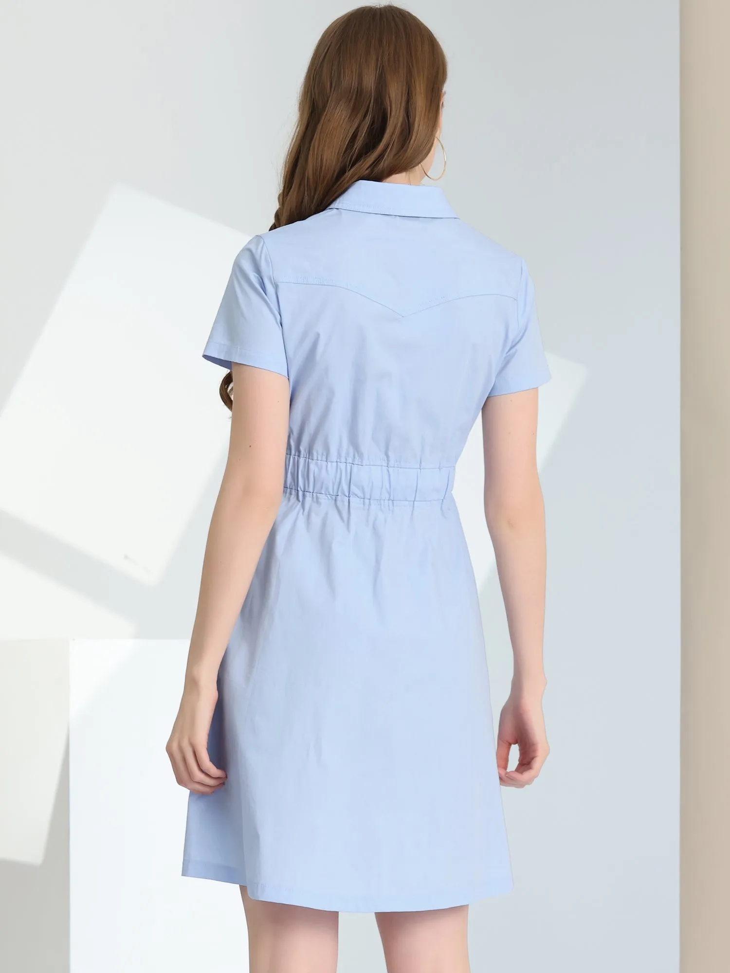 Cotton Button Down Lace-Up Collar Cargo Shirt Dress