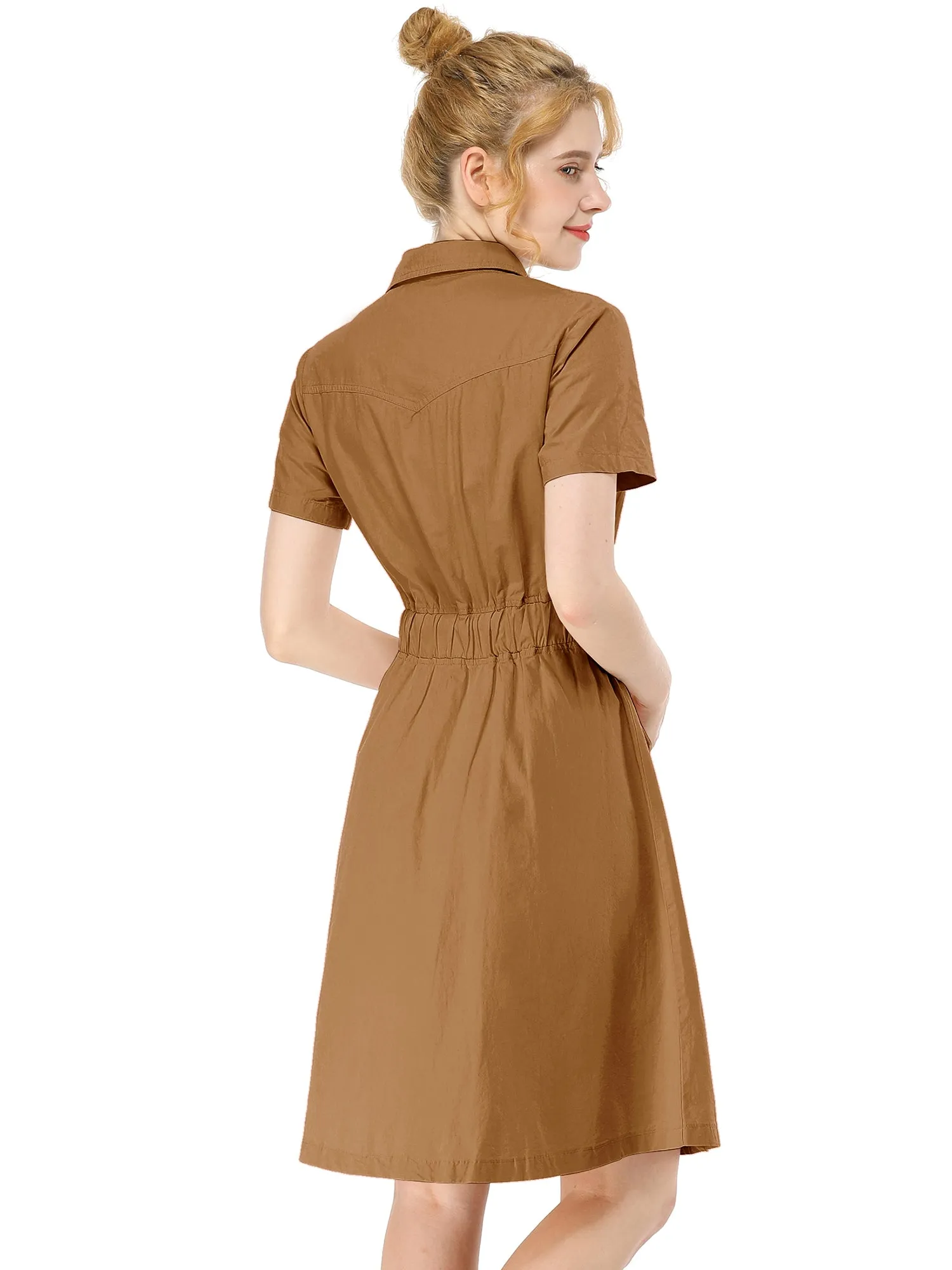 Cotton Button Down Lace-Up Collar Cargo Shirt Dress