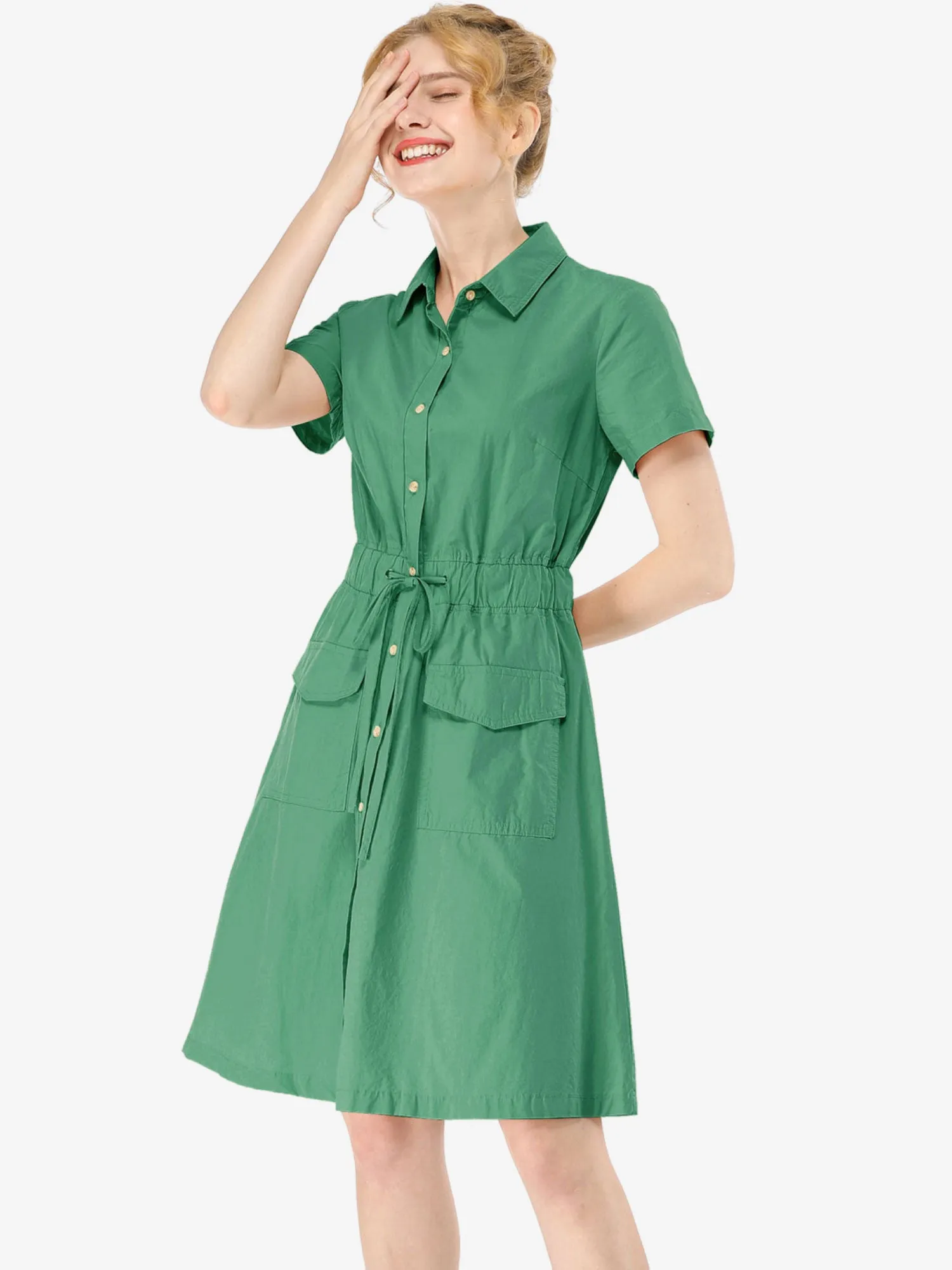Cotton Button Down Lace-Up Collar Cargo Shirt Dress