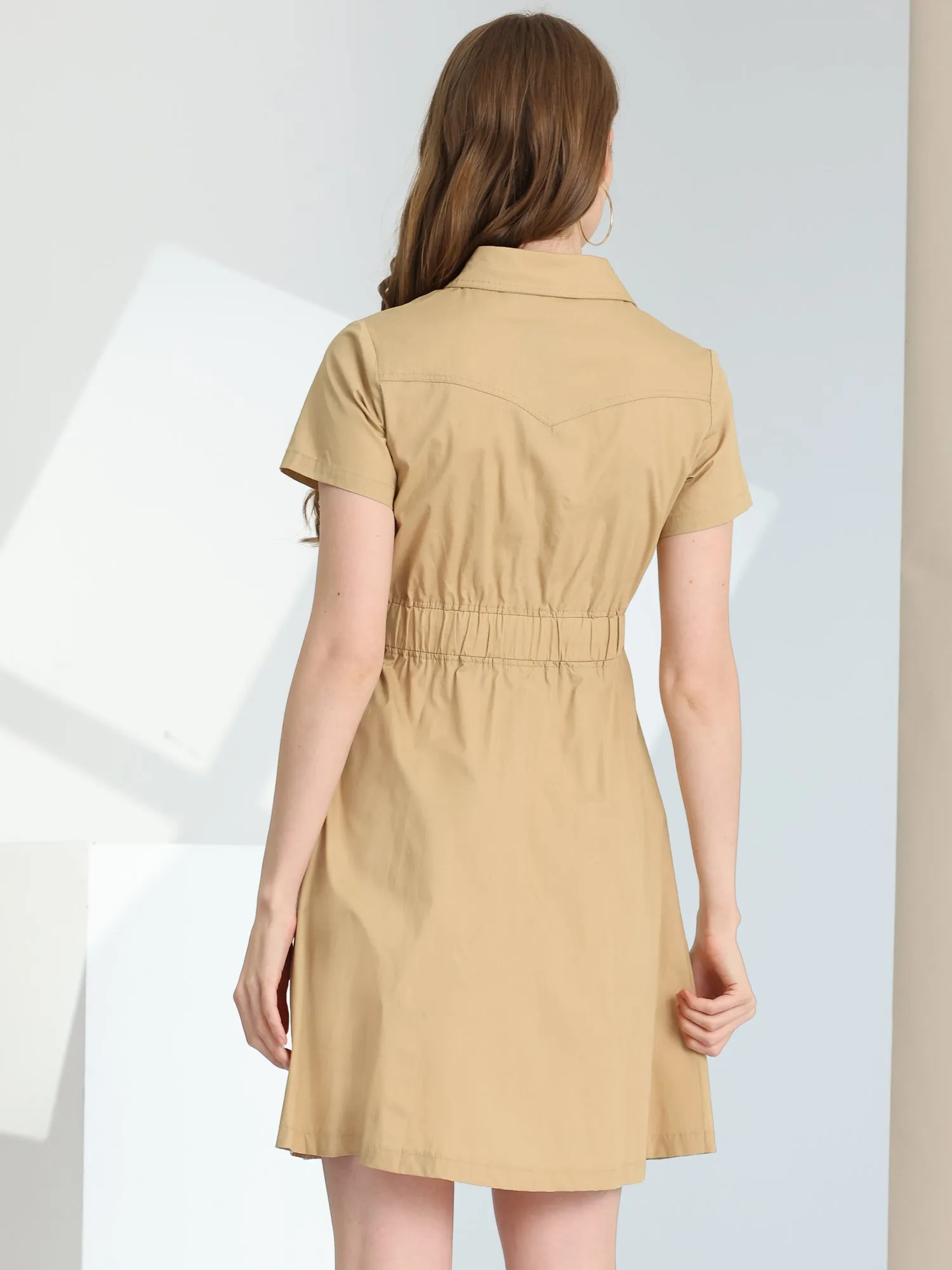 Cotton Button Down Lace-Up Collar Cargo Shirt Dress