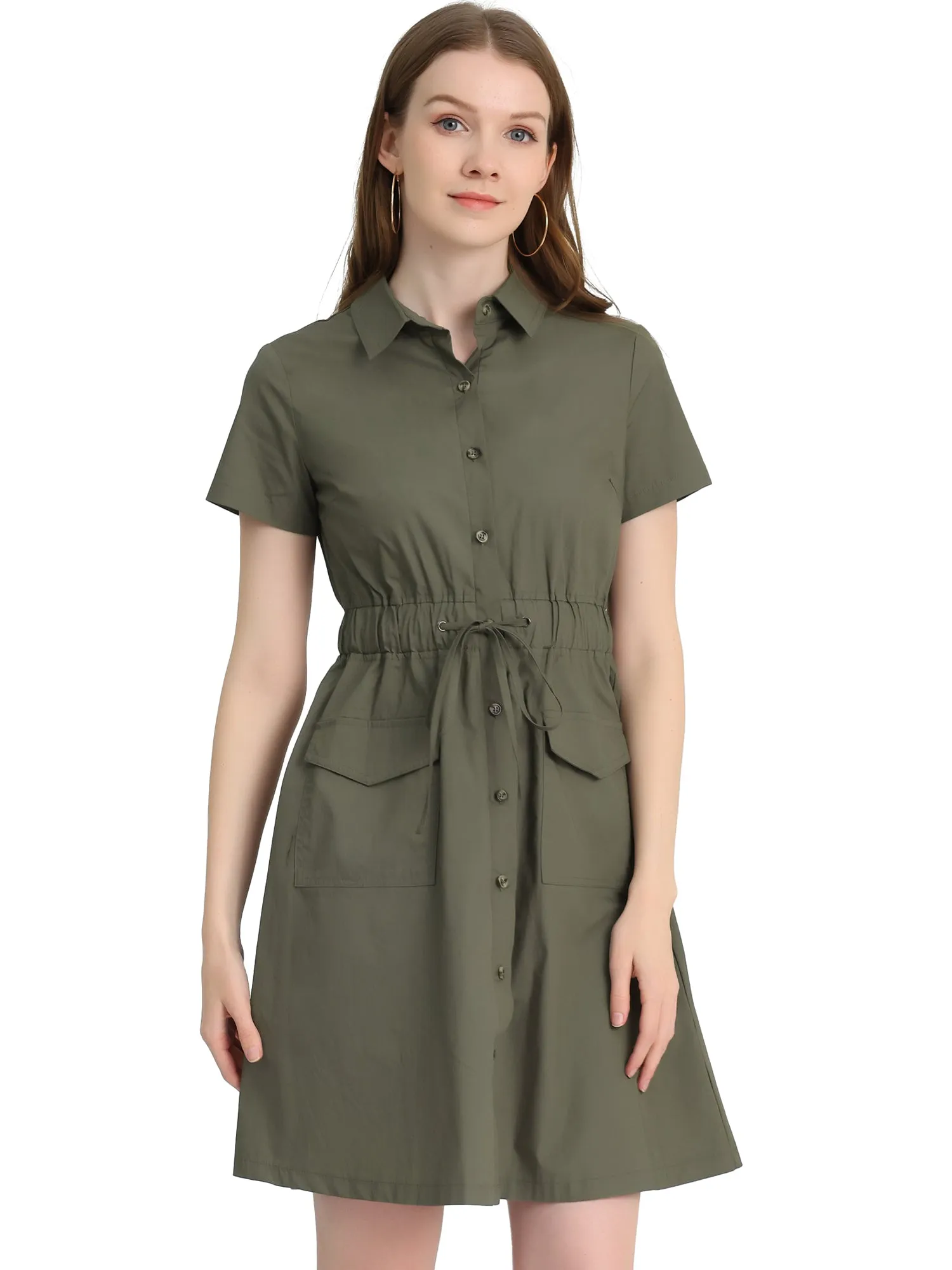 Cotton Button Down Lace-Up Collar Cargo Shirt Dress