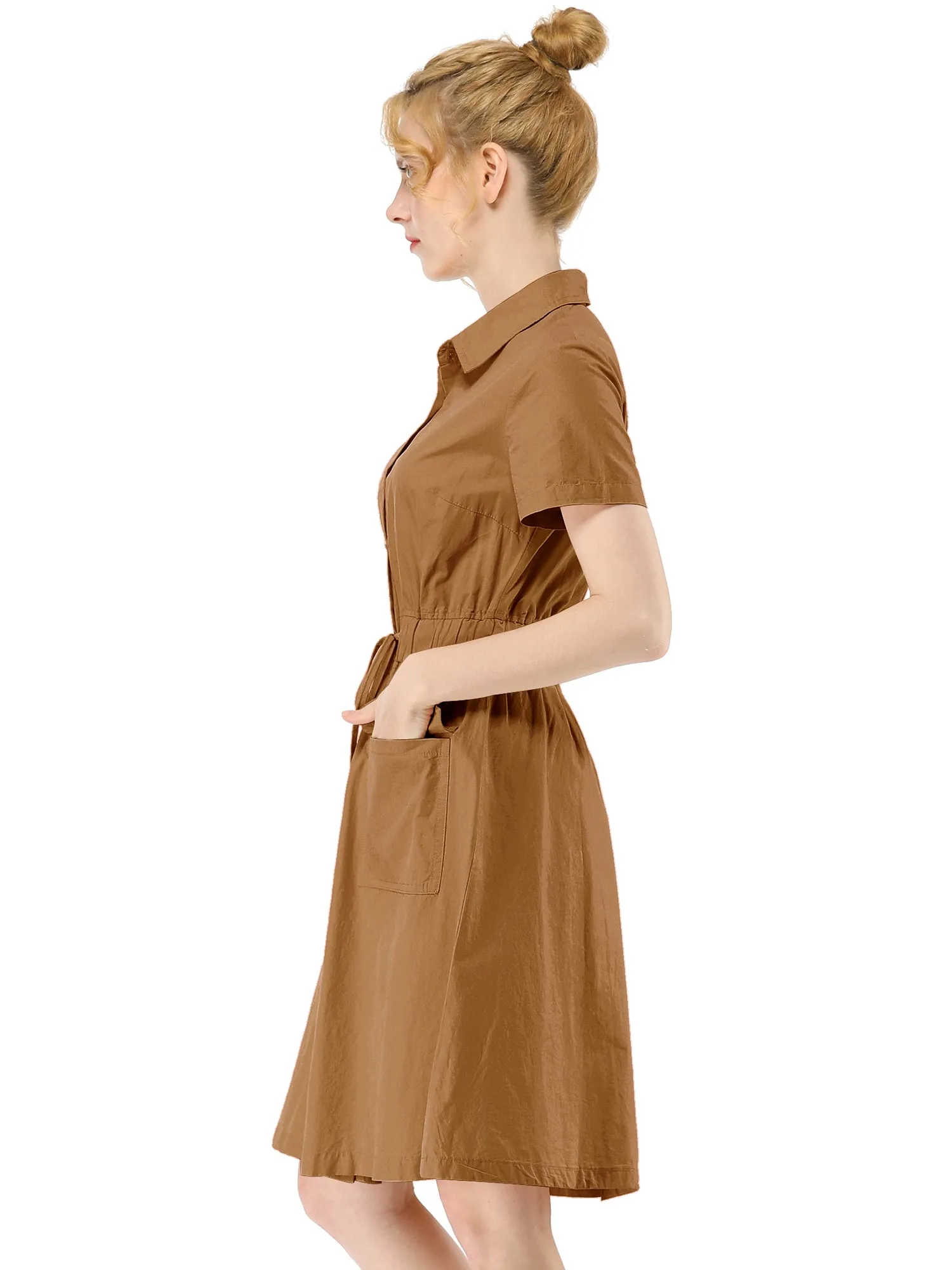 Cotton Button Down Lace-Up Collar Cargo Shirt Dress