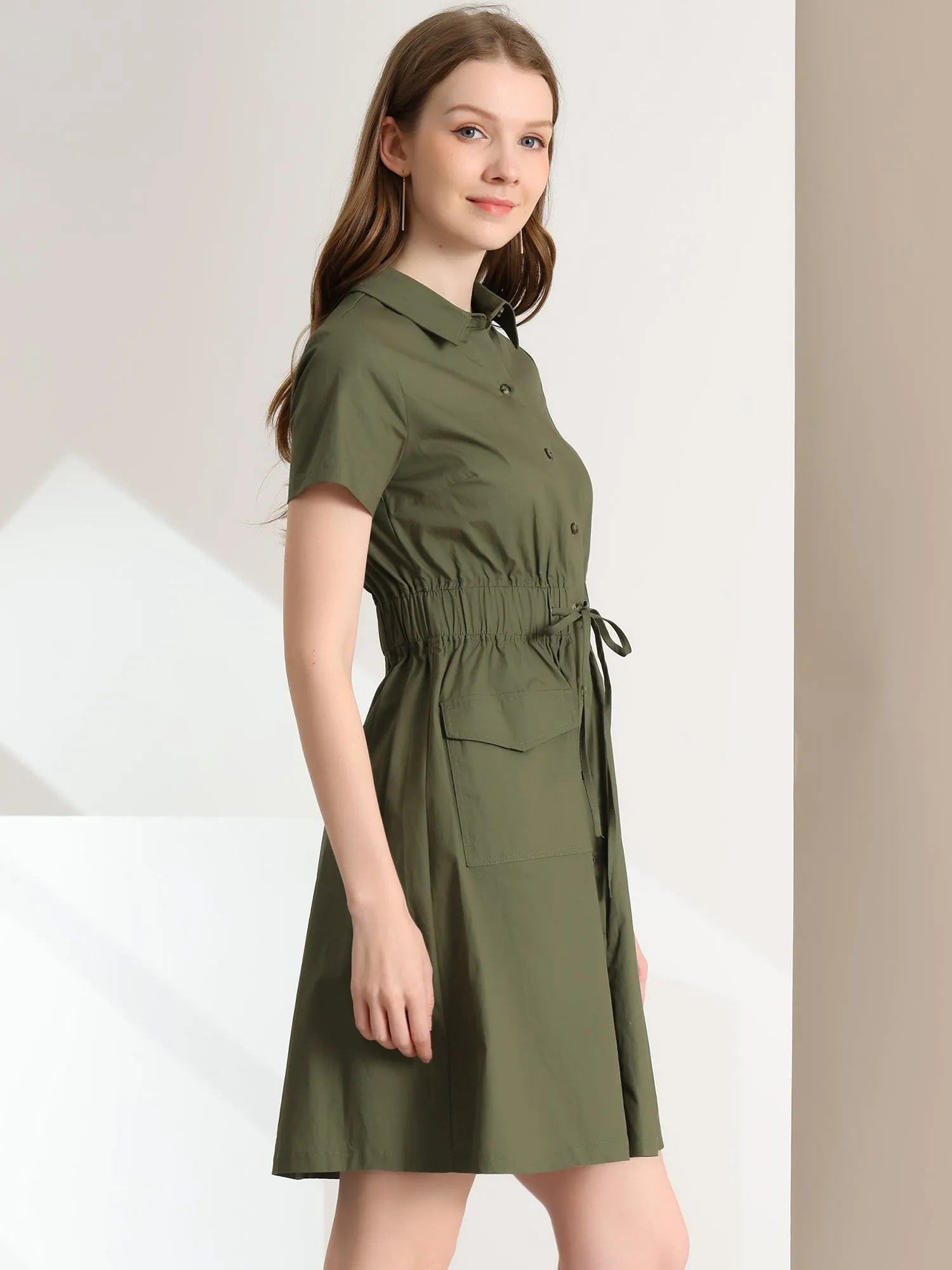 Cotton Button Down Lace-Up Collar Cargo Shirt Dress