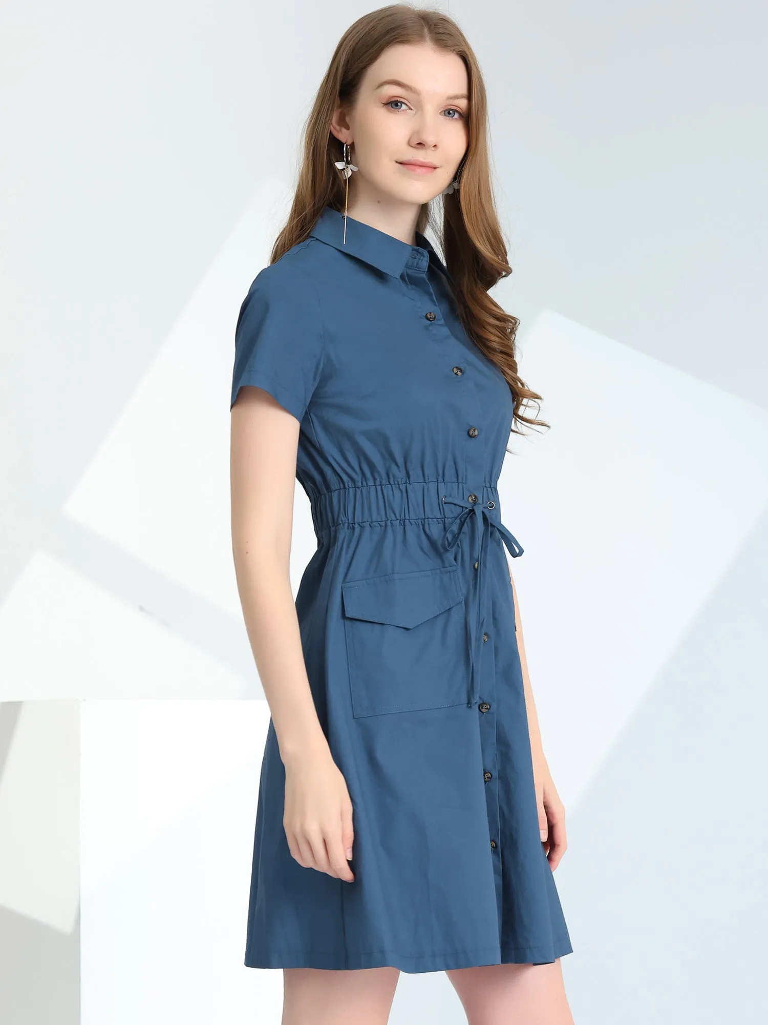 Cotton Button Down Lace-Up Collar Cargo Shirt Dress