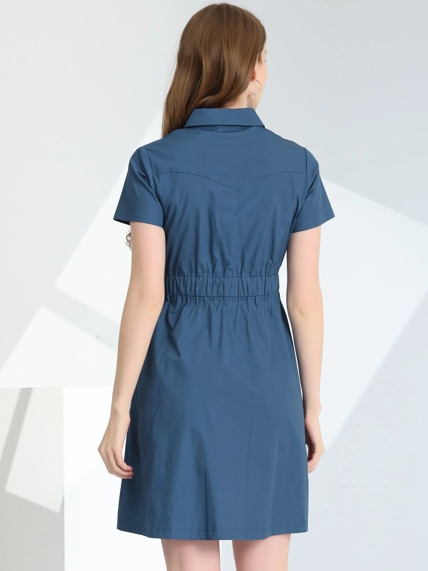 Cotton Button Down Lace-Up Collar Cargo Shirt Dress