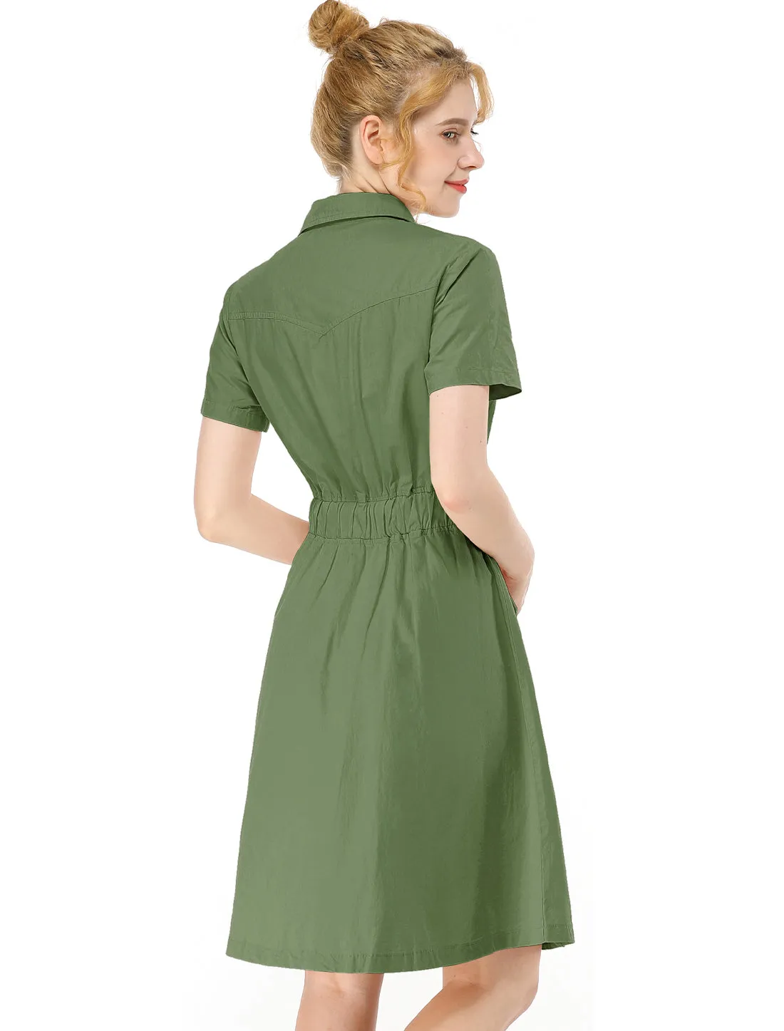 Cotton Button Down Lace-Up Collar Cargo Shirt Dress