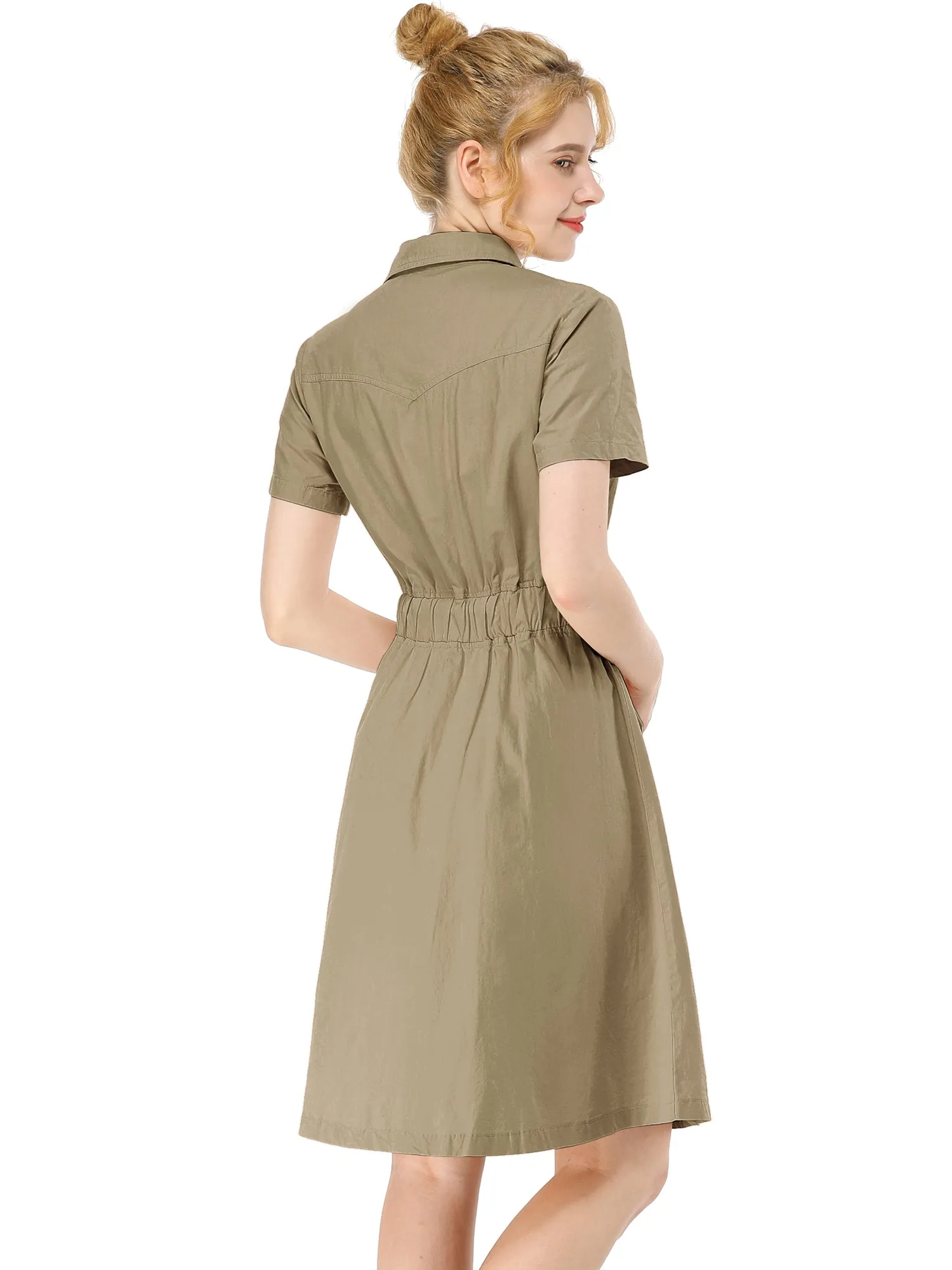 Cotton Button Down Lace-Up Collar Cargo Shirt Dress