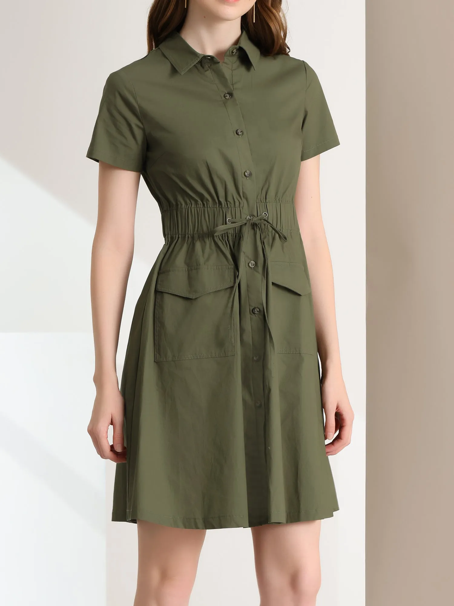 Cotton Button Down Lace-Up Collar Cargo Shirt Dress