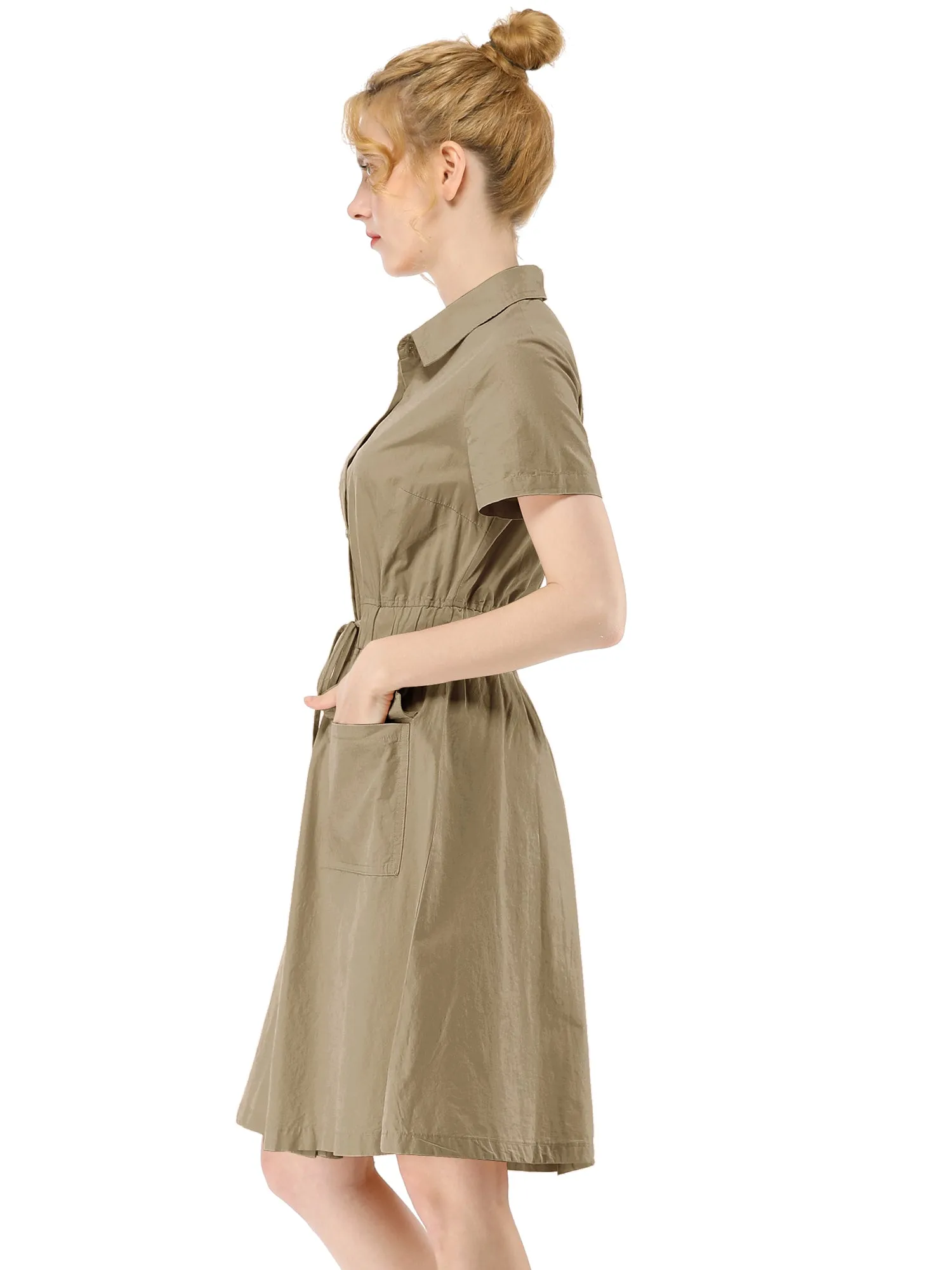 Cotton Button Down Lace-Up Collar Cargo Shirt Dress