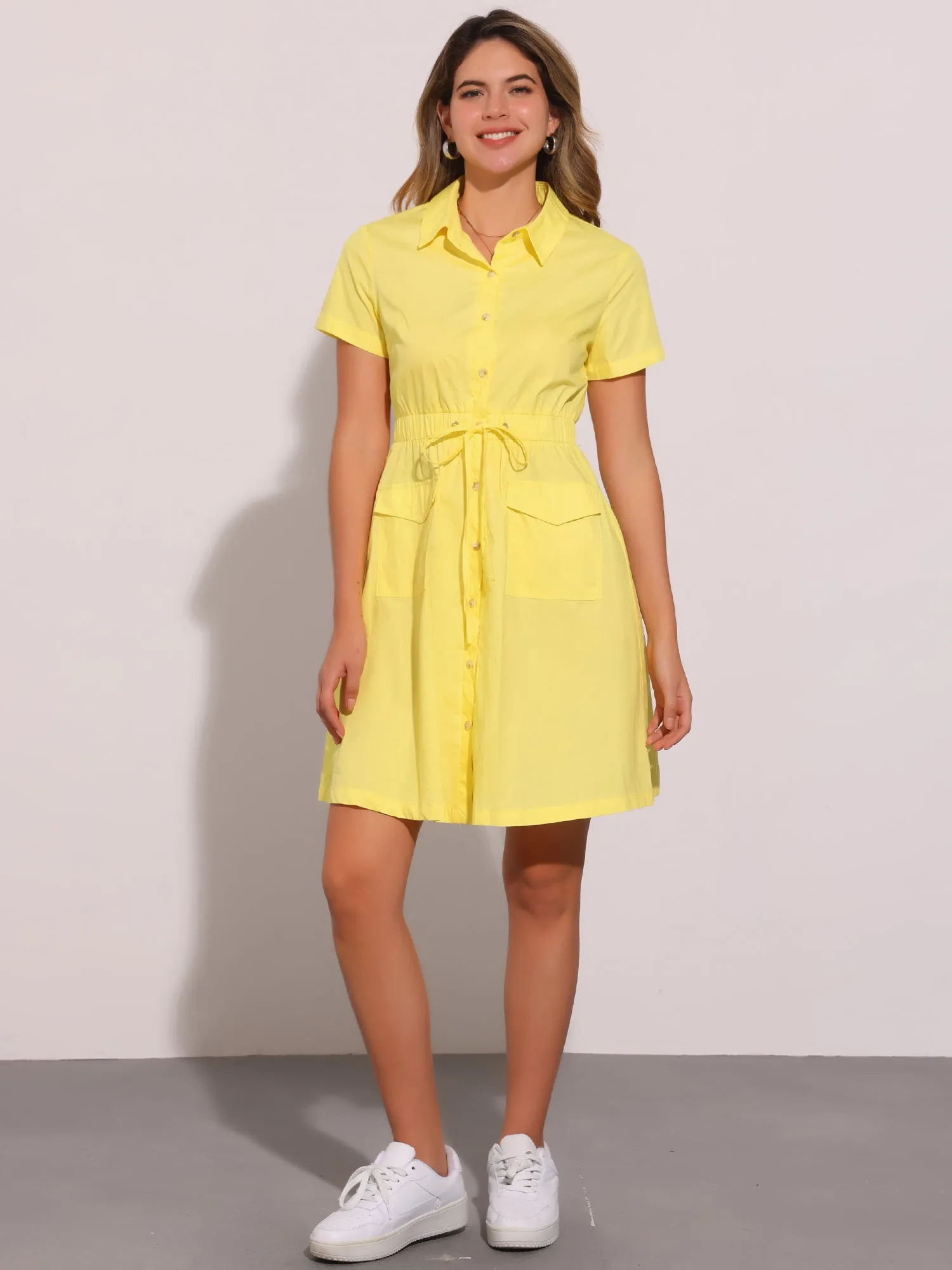 Cotton Button Down Lace-Up Collar Cargo Shirt Dress