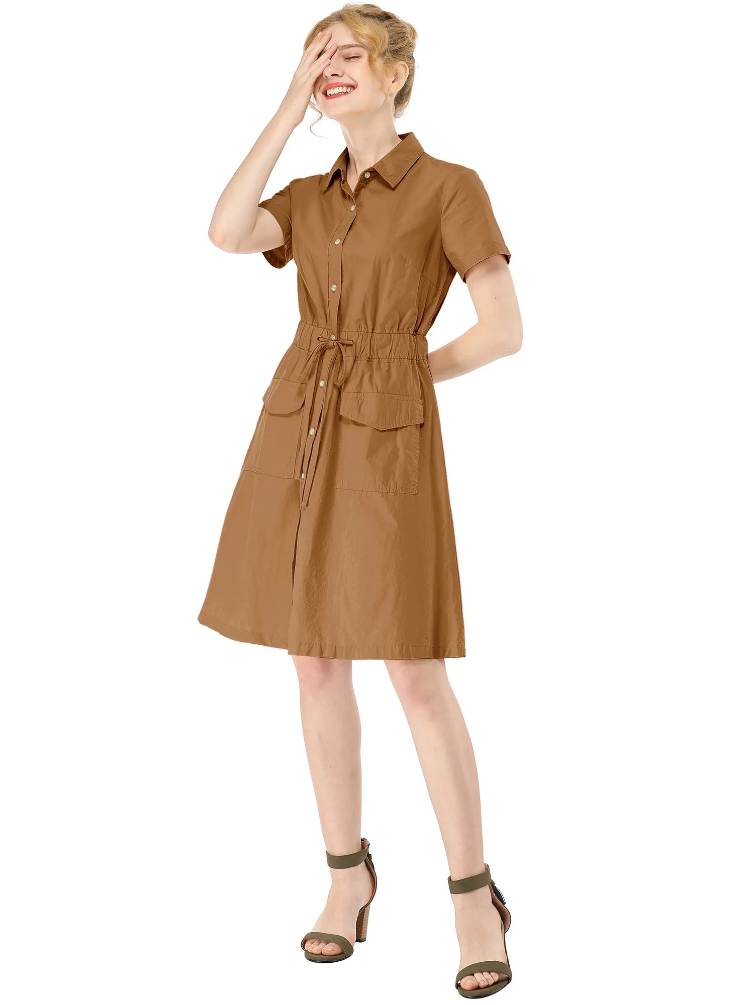 Cotton Button Down Lace-Up Collar Cargo Shirt Dress