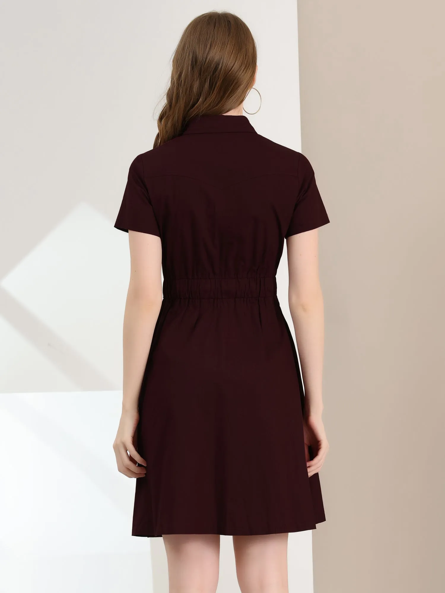 Cotton Button Down Lace-Up Collar Cargo Shirt Dress