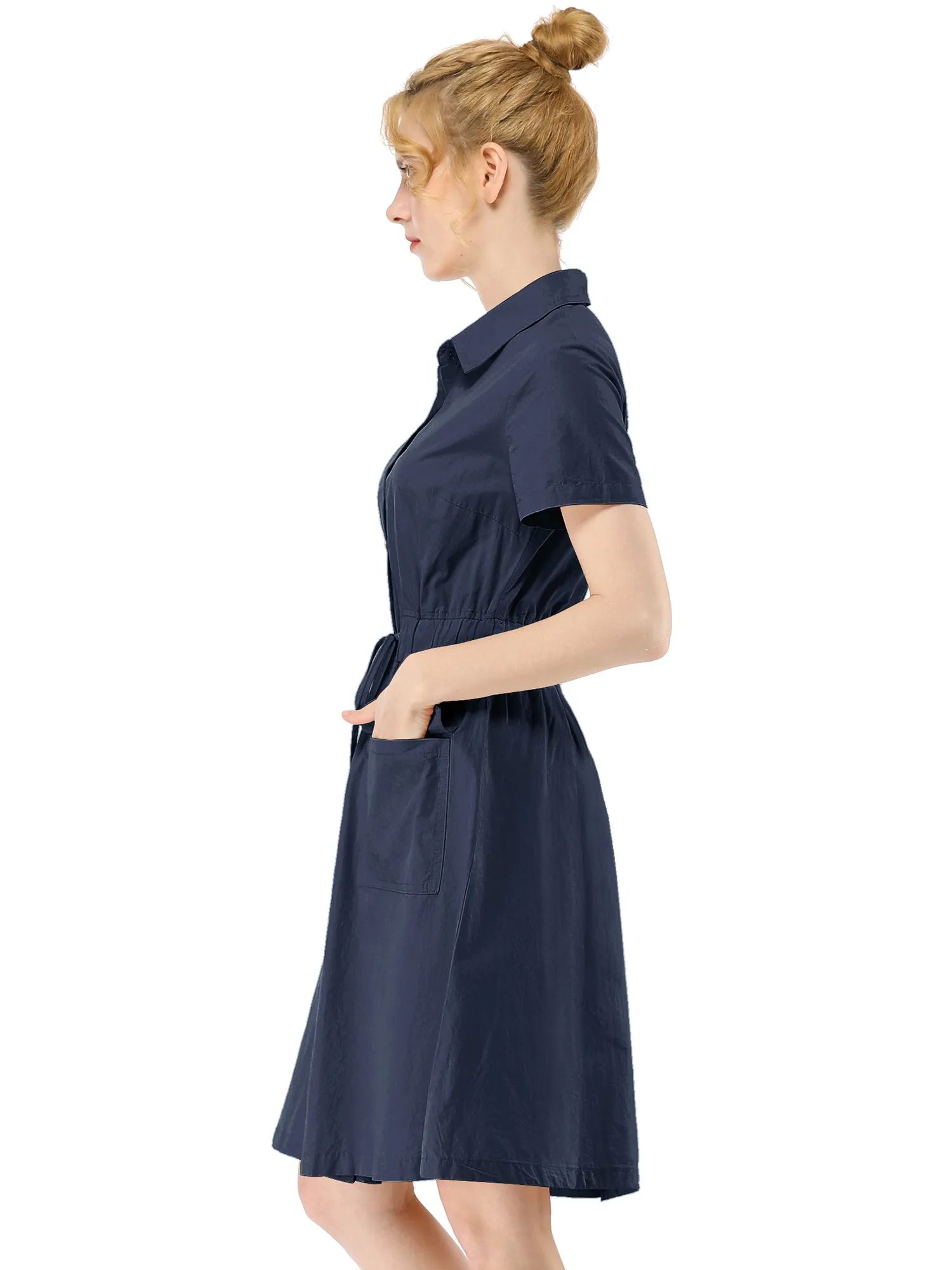 Cotton Button Down Lace-Up Collar Cargo Shirt Dress