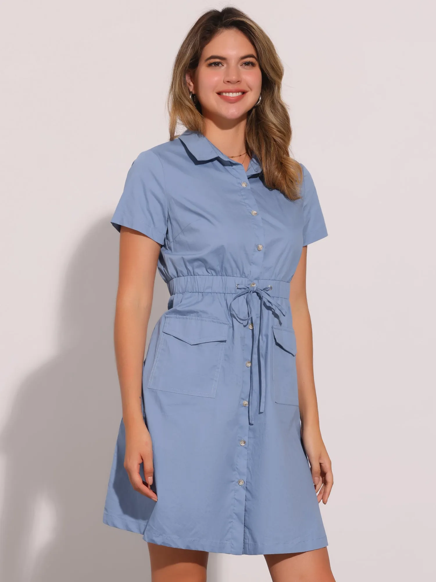 Cotton Button Down Lace-Up Collar Cargo Shirt Dress