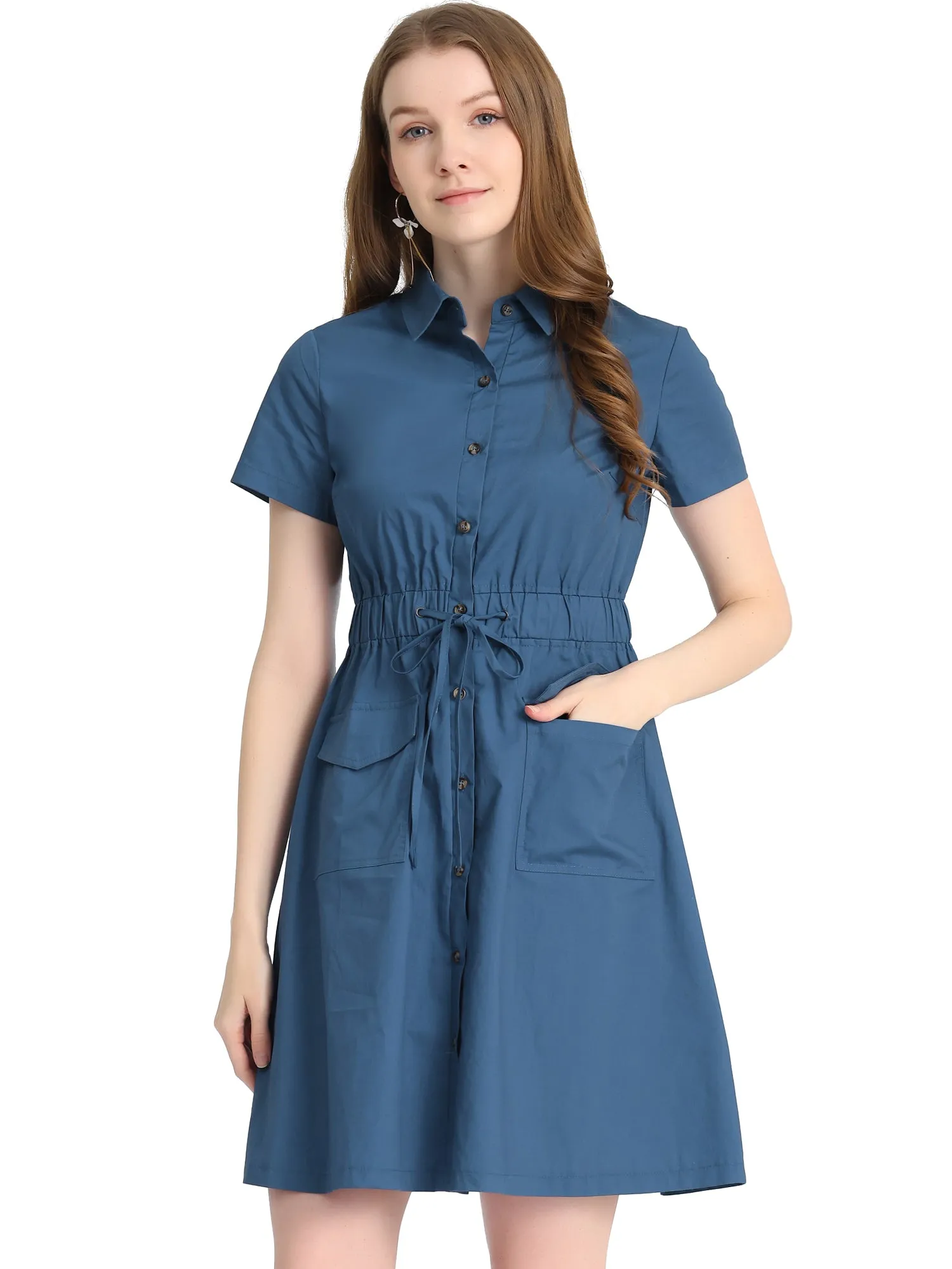 Cotton Button Down Lace-Up Collar Cargo Shirt Dress
