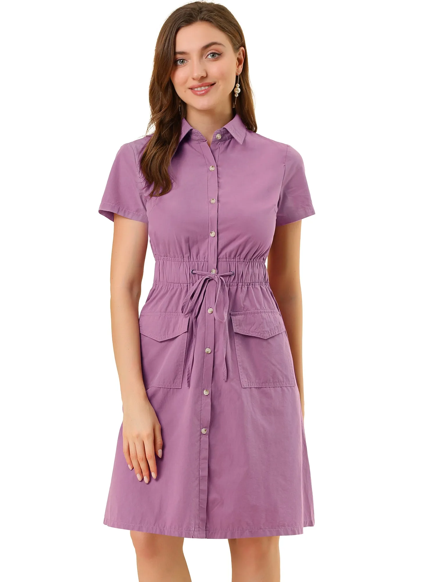 Cotton Button Down Lace-Up Collar Cargo Shirt Dress