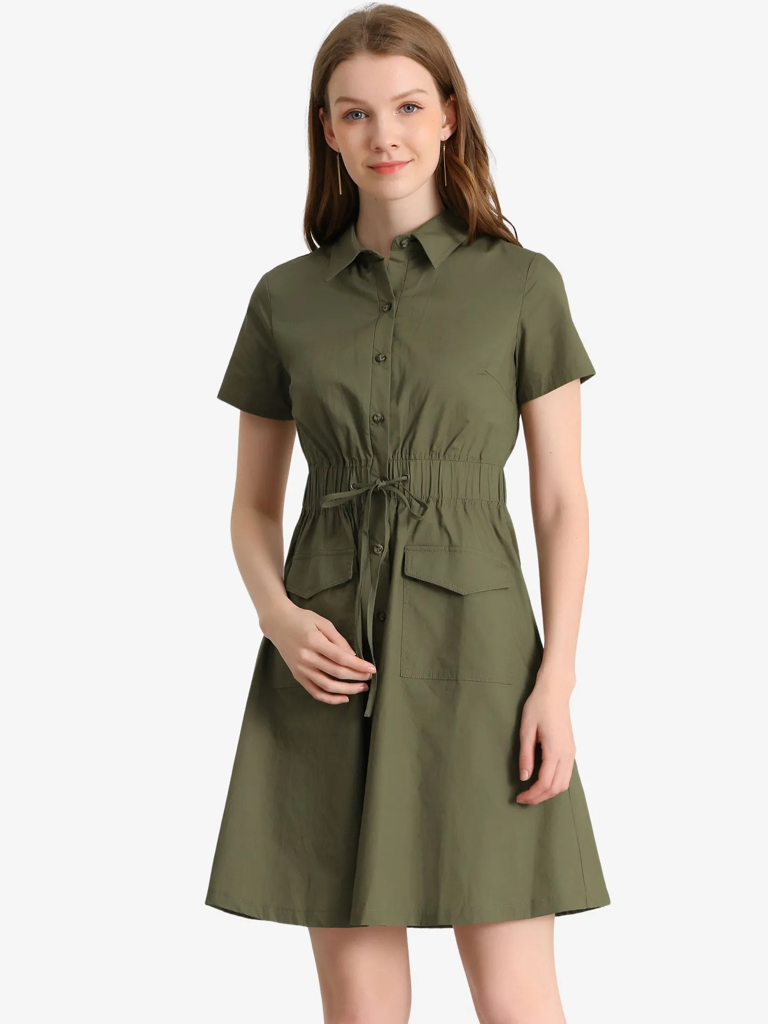 Cotton Button Down Lace-Up Collar Cargo Shirt Dress
