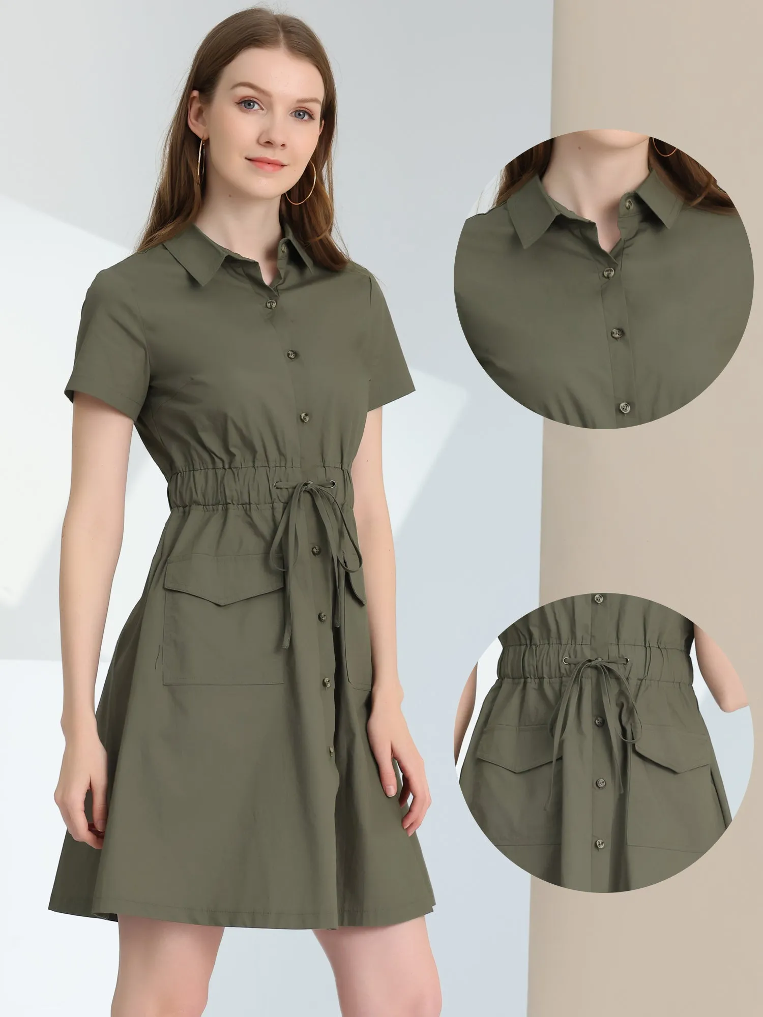 Cotton Button Down Lace-Up Collar Cargo Shirt Dress