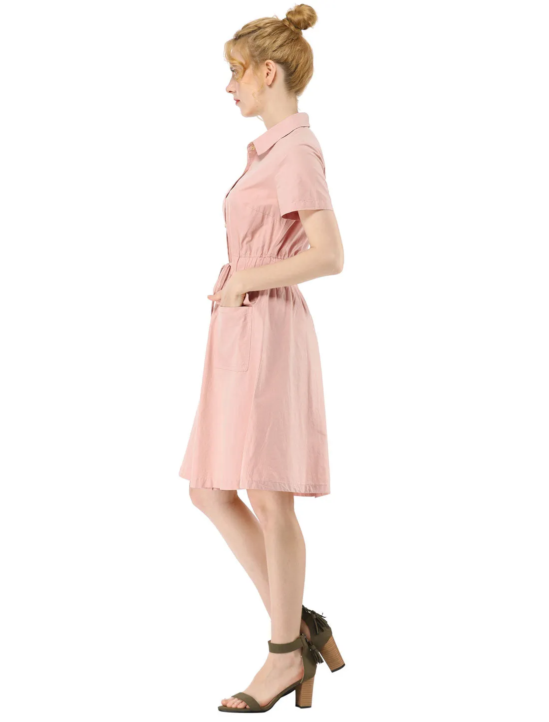 Cotton Button Down Lace-Up Collar Cargo Shirt Dress