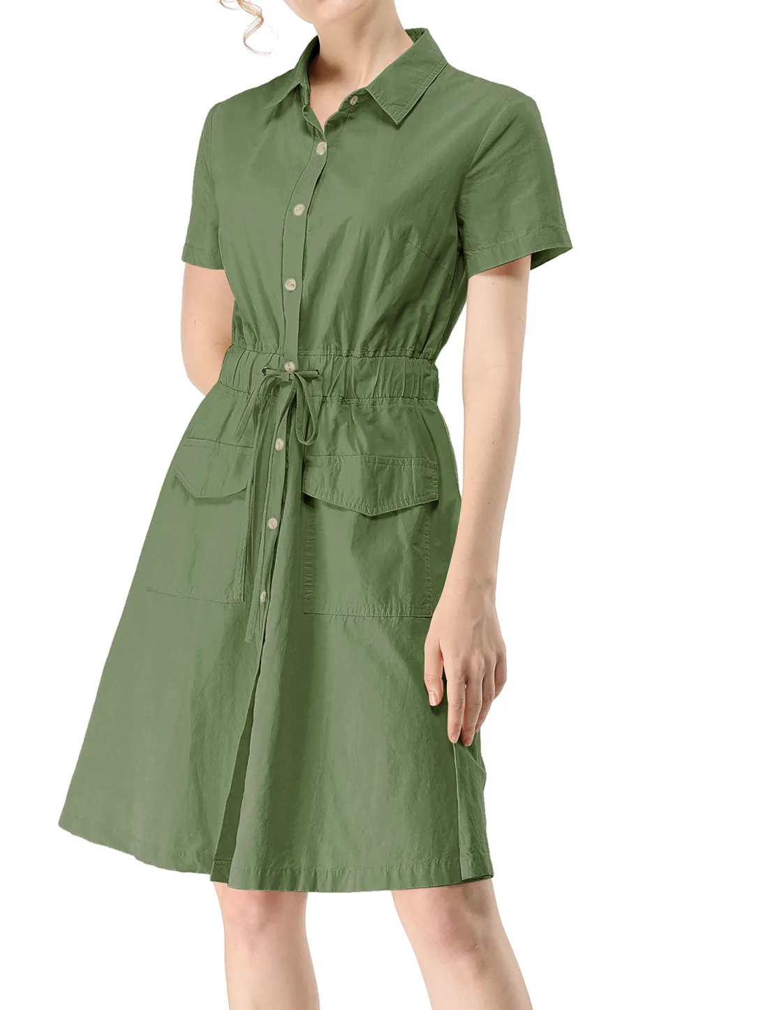 Cotton Button Down Lace-Up Collar Cargo Shirt Dress