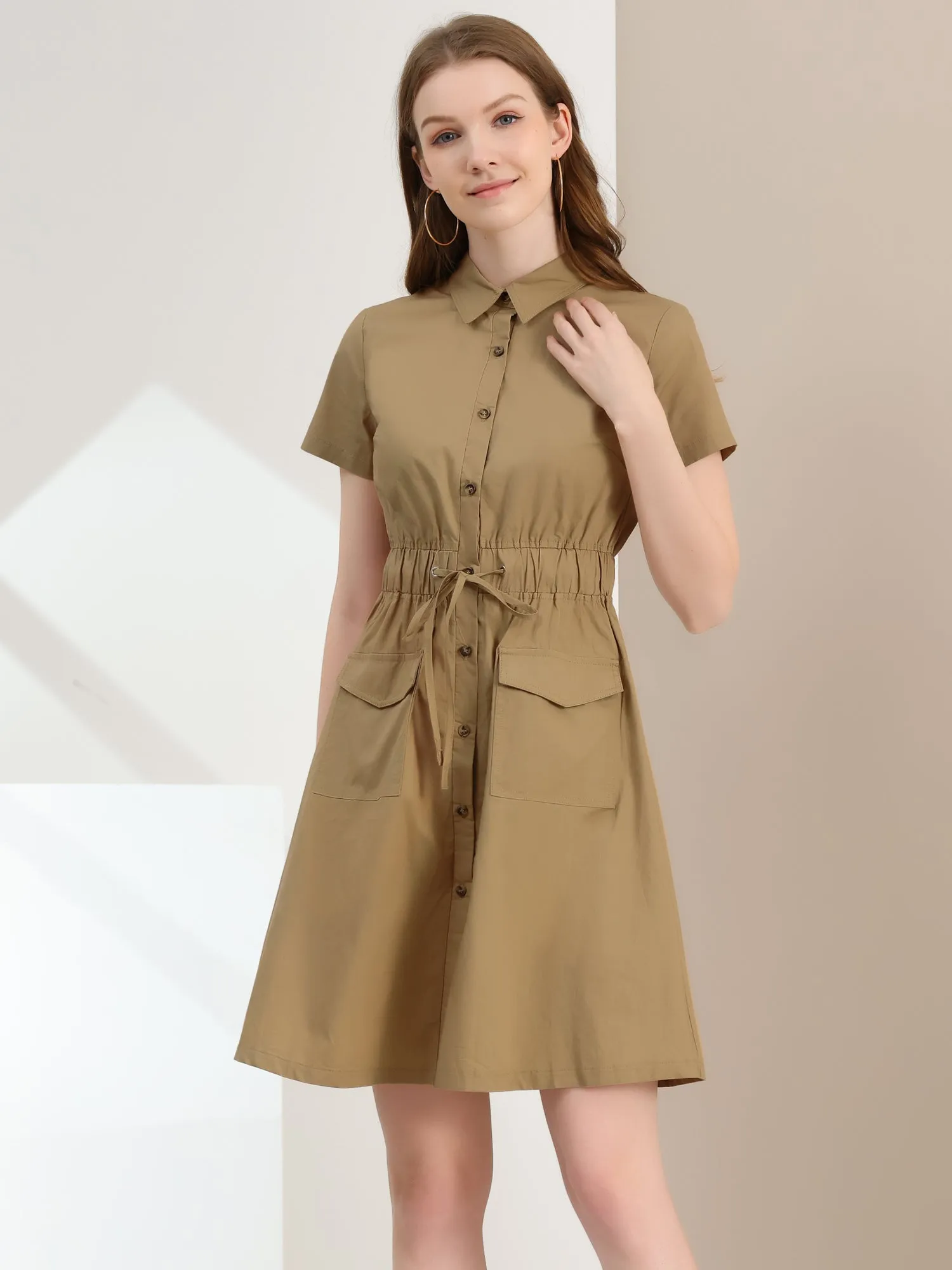 Cotton Button Down Lace-Up Collar Cargo Shirt Dress