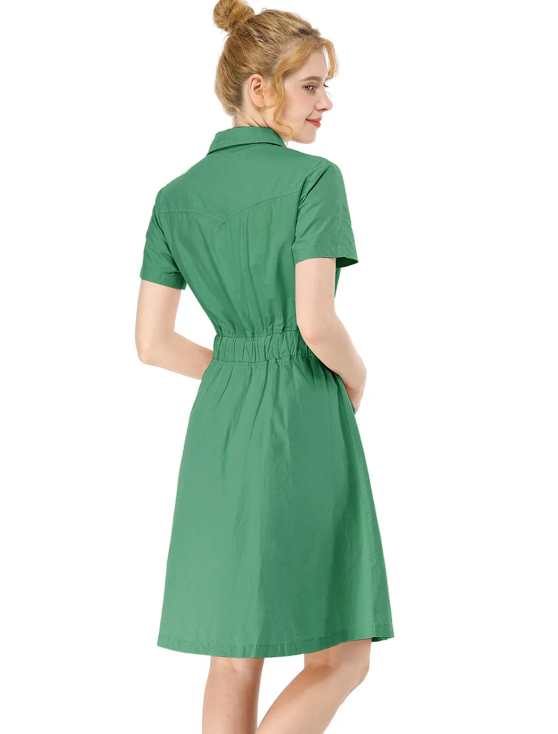 Cotton Button Down Lace-Up Collar Cargo Shirt Dress