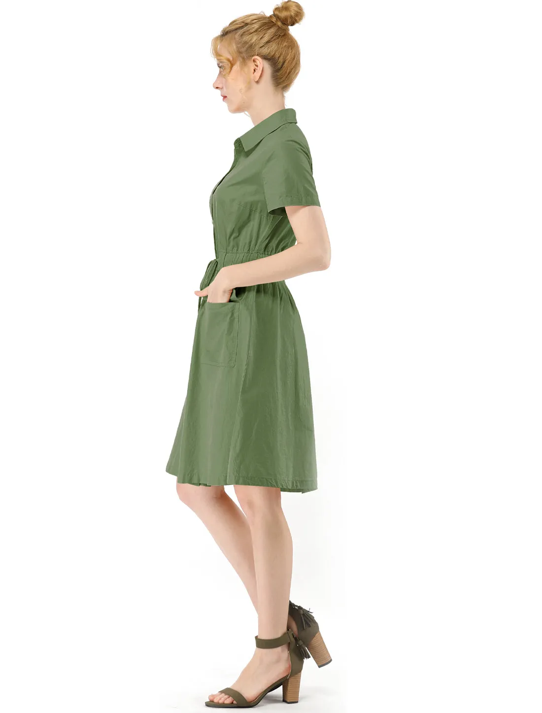 Cotton Button Down Lace-Up Collar Cargo Shirt Dress