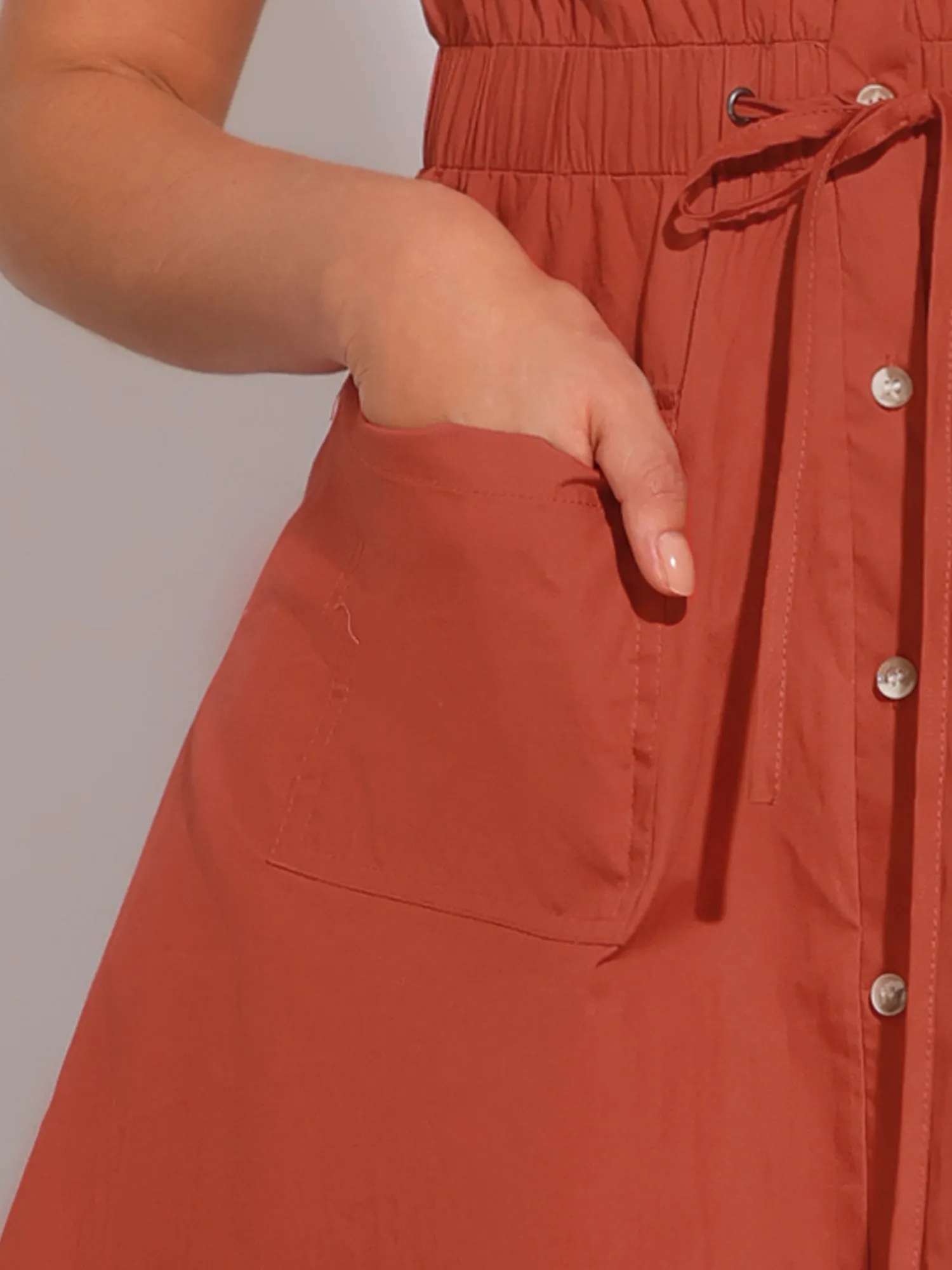 Cotton Button Down Lace-Up Collar Cargo Shirt Dress