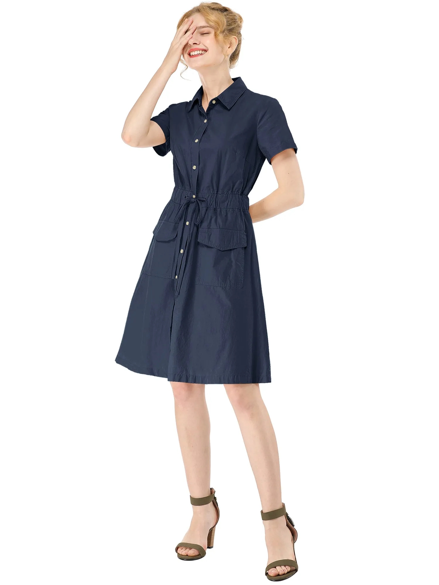 Cotton Button Down Lace-Up Collar Cargo Shirt Dress