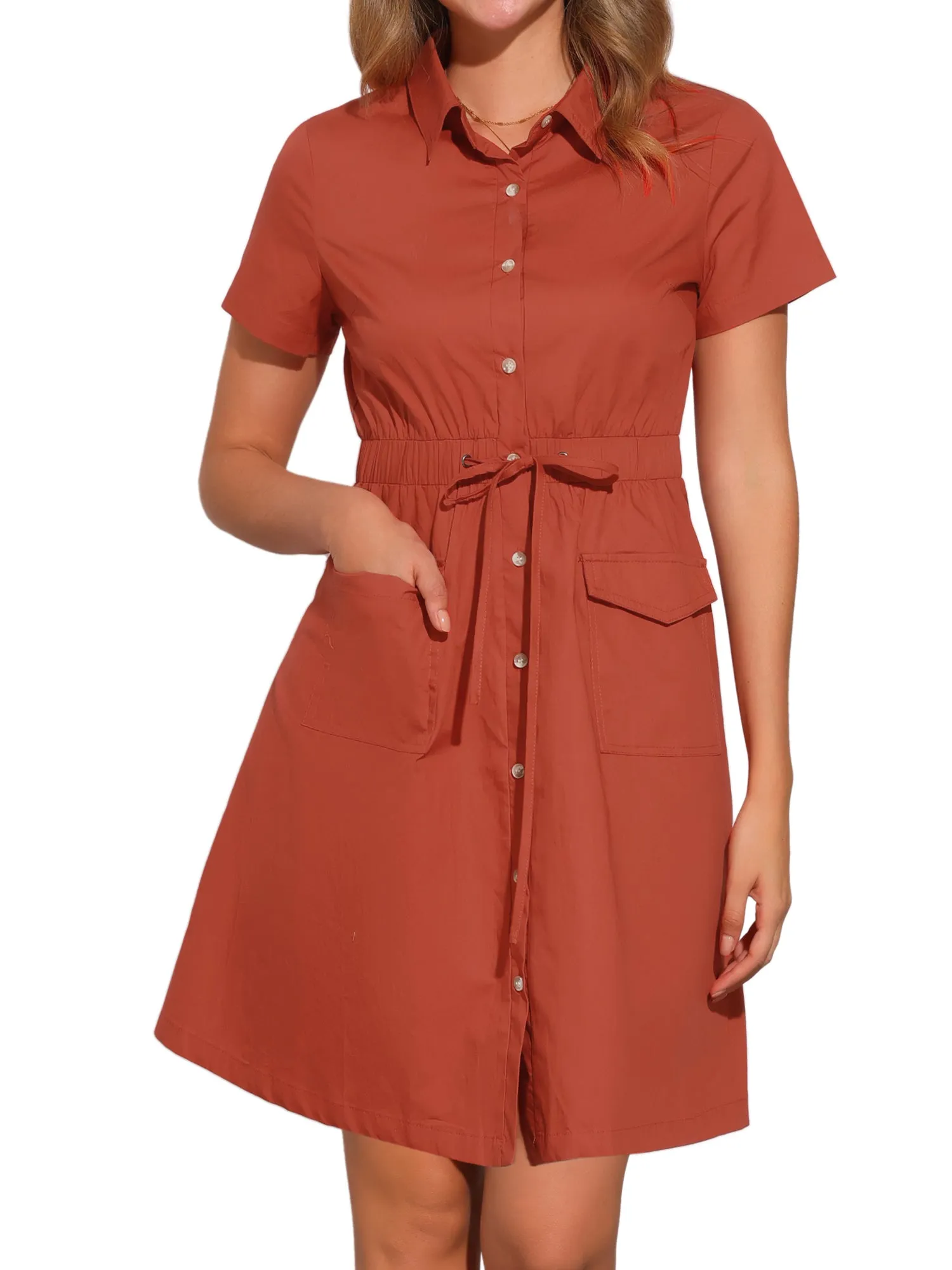 Cotton Button Down Lace-Up Collar Cargo Shirt Dress
