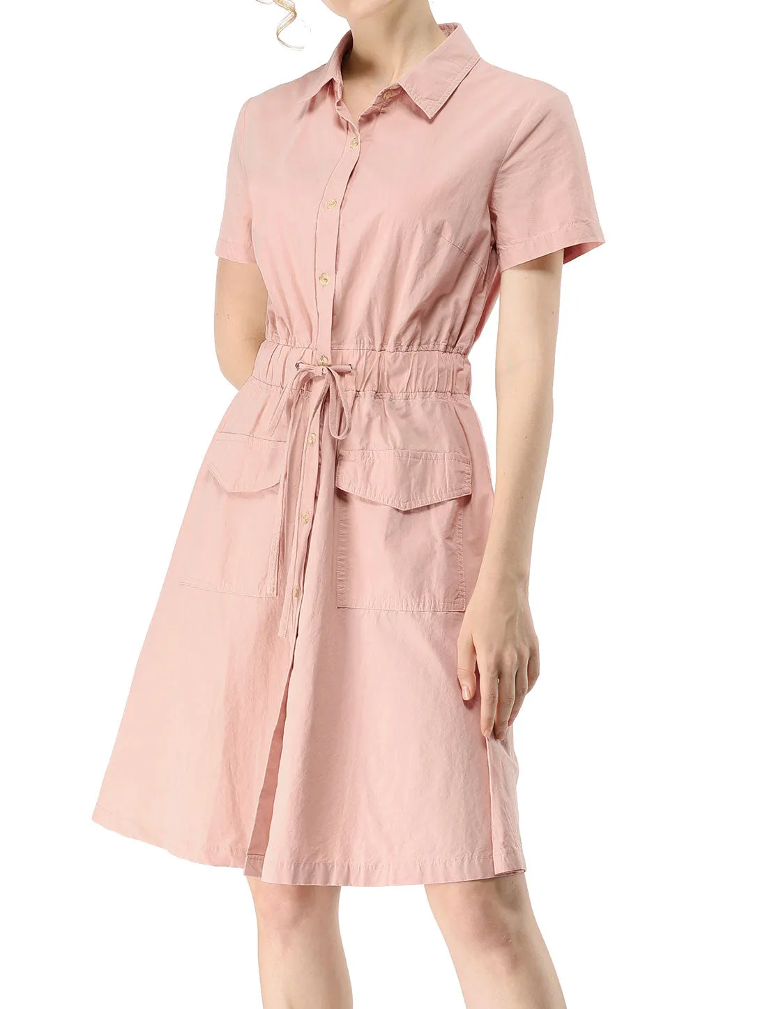Cotton Button Down Lace-Up Collar Cargo Shirt Dress