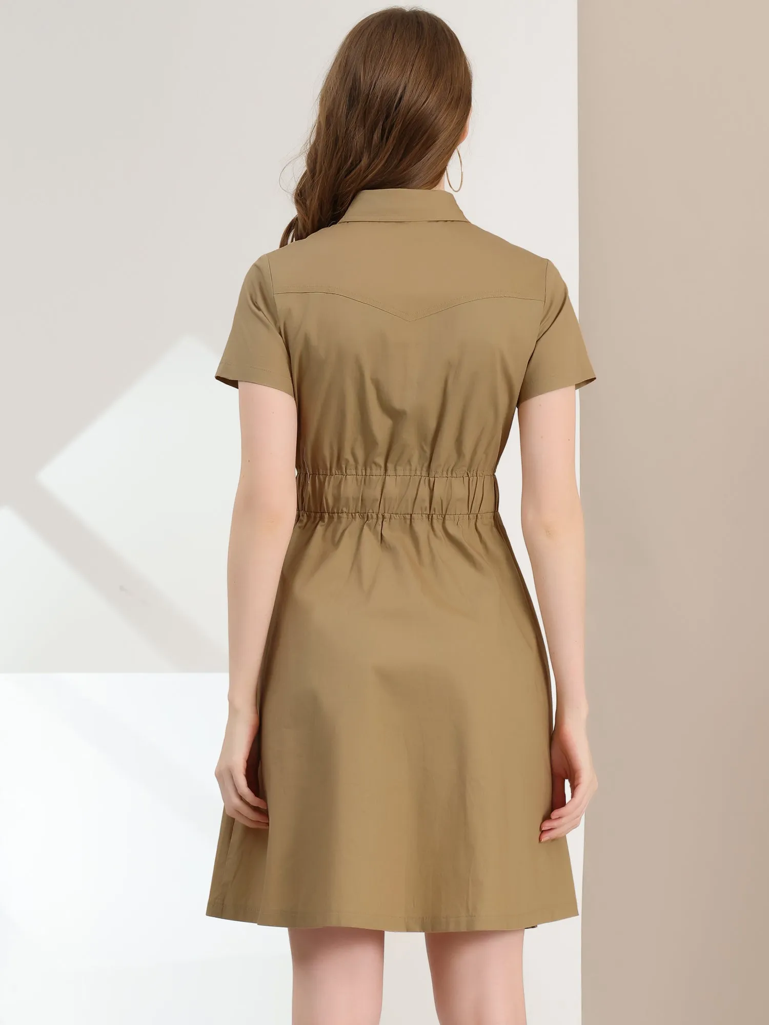 Cotton Button Down Lace-Up Collar Cargo Shirt Dress