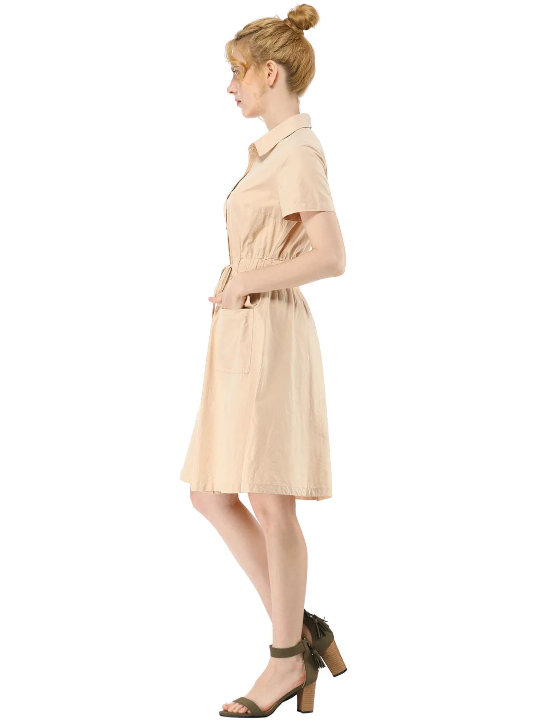 Cotton Button Down Lace-Up Collar Cargo Shirt Dress