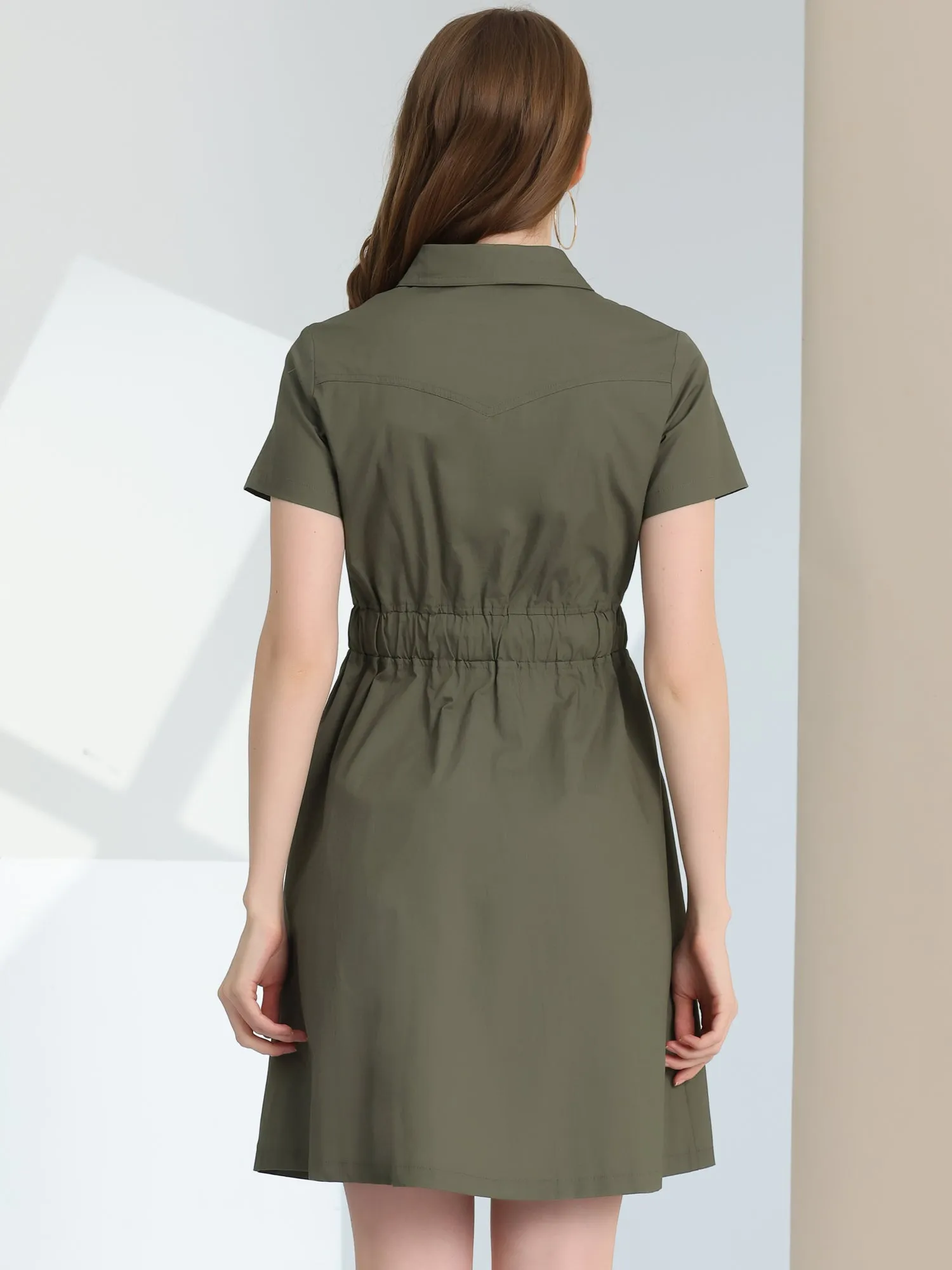 Cotton Button Down Lace-Up Collar Cargo Shirt Dress