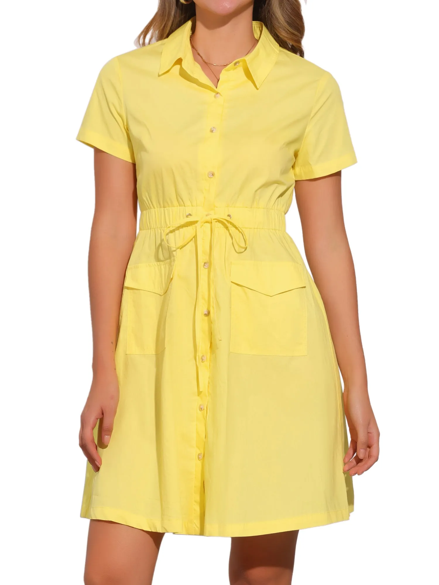 Cotton Button Down Lace-Up Collar Cargo Shirt Dress