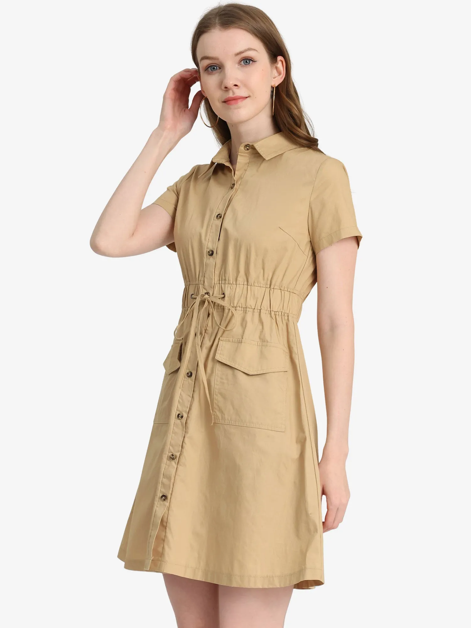 Cotton Button Down Lace-Up Collar Cargo Shirt Dress