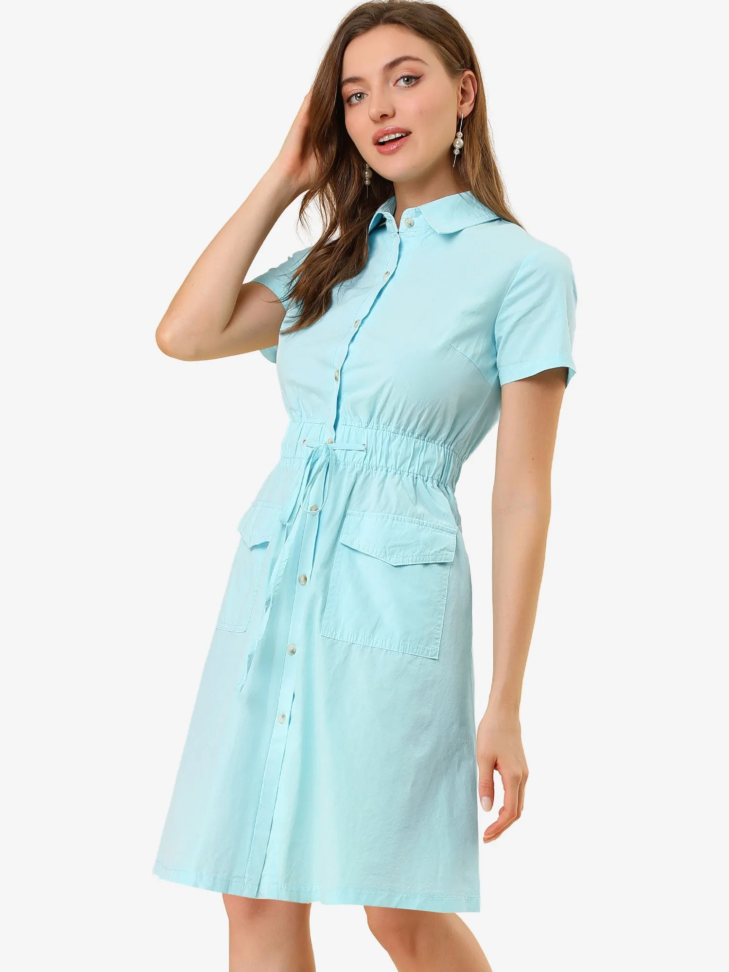 Cotton Button Down Lace-Up Collar Cargo Shirt Dress