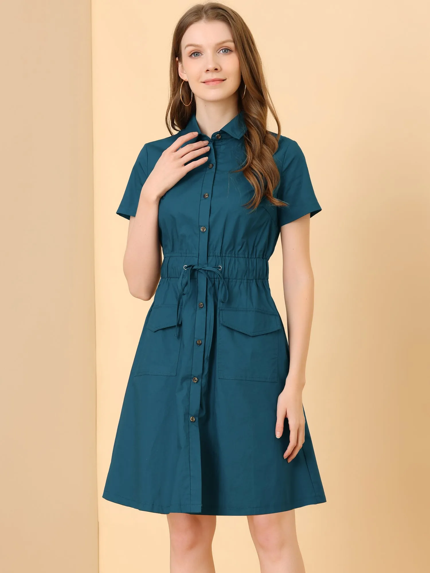 Cotton Button Down Lace-Up Collar Cargo Shirt Dress