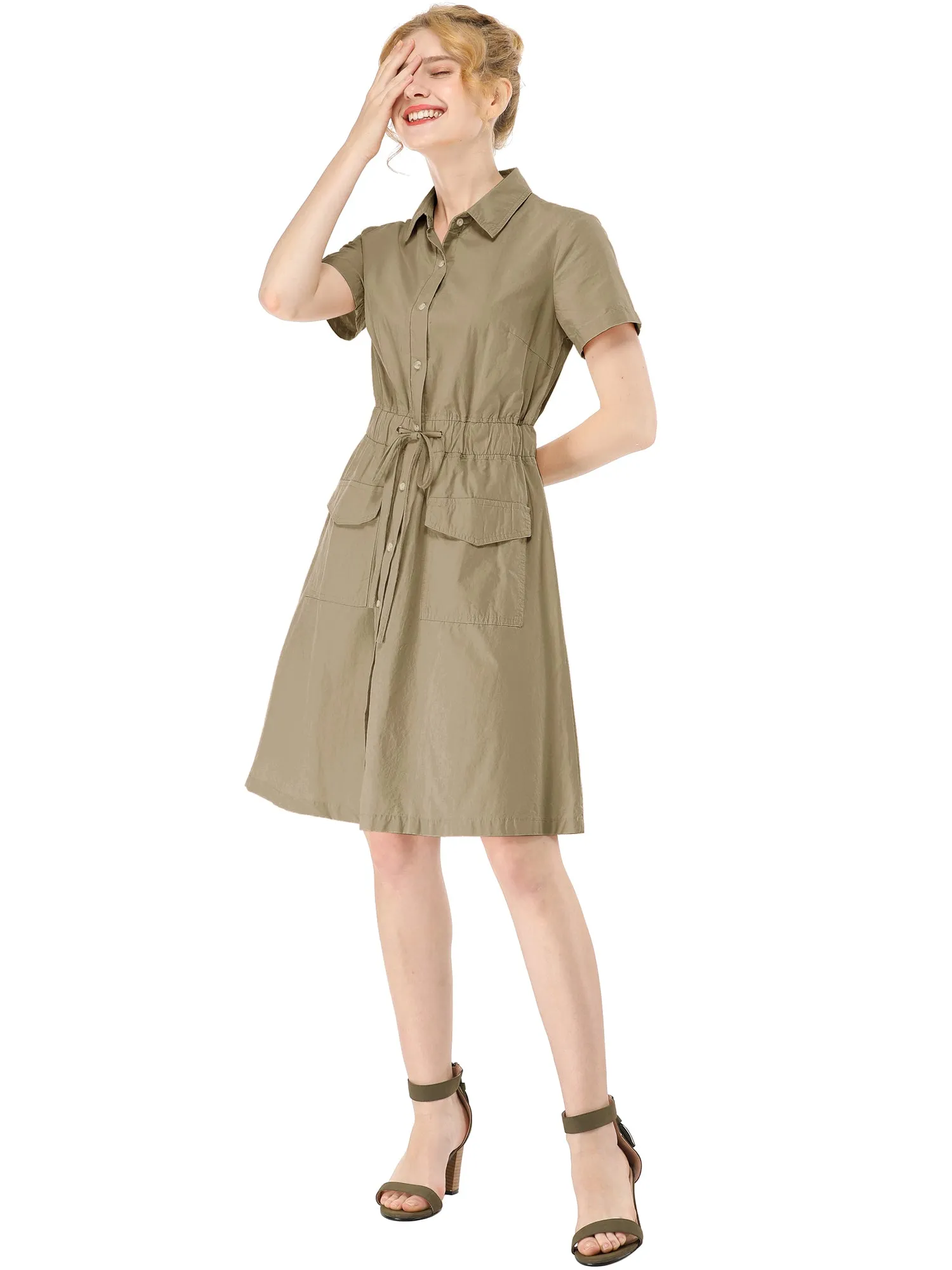 Cotton Button Down Lace-Up Collar Cargo Shirt Dress