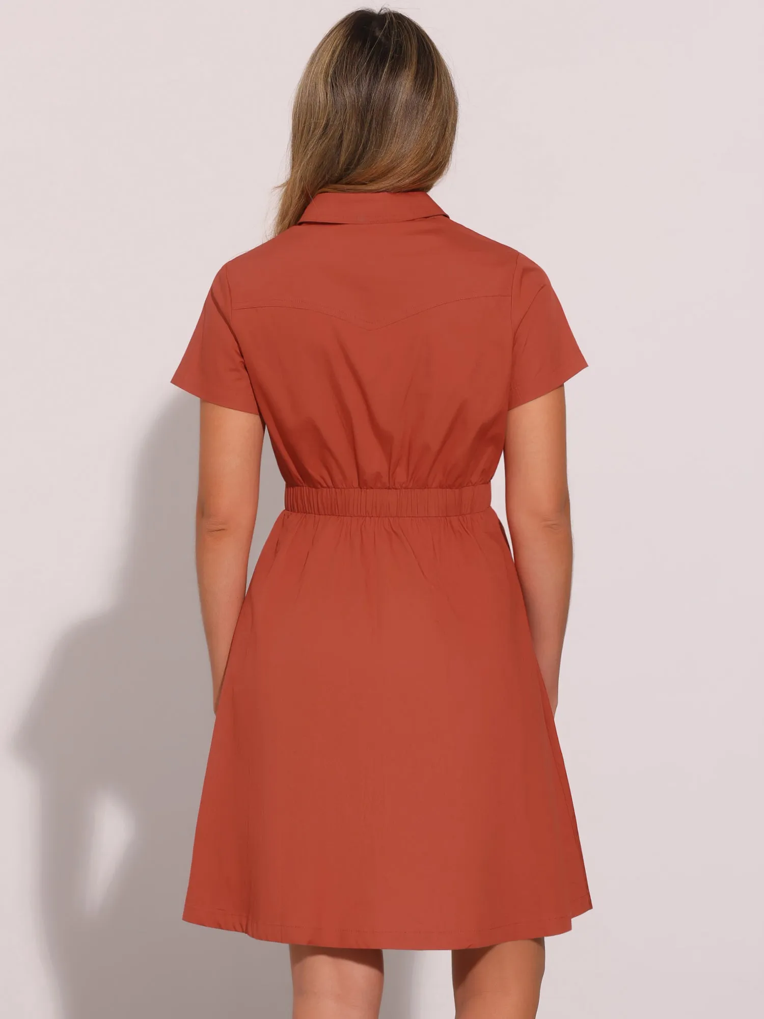 Cotton Button Down Lace-Up Collar Cargo Shirt Dress