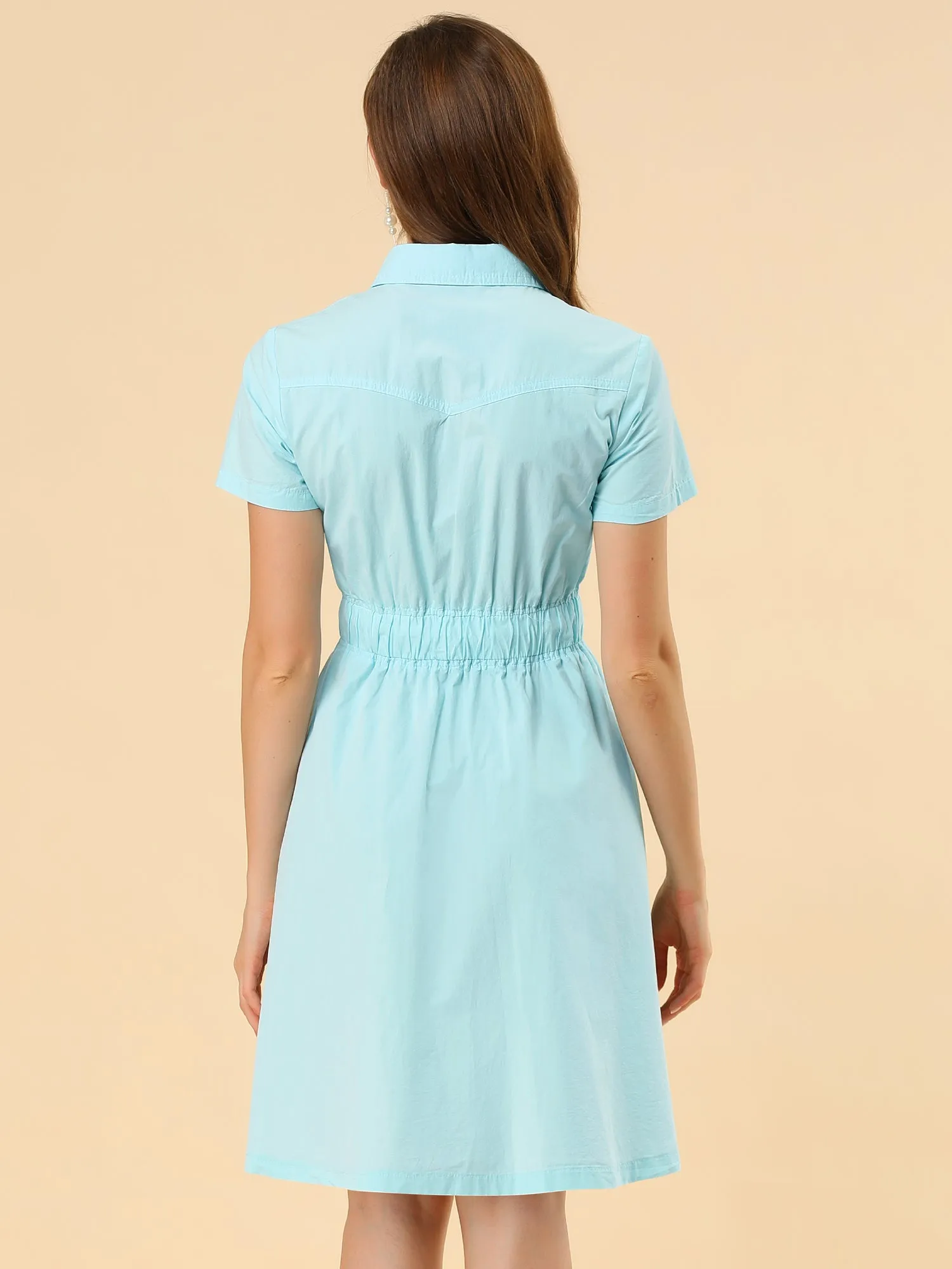 Cotton Button Down Lace-Up Collar Cargo Shirt Dress