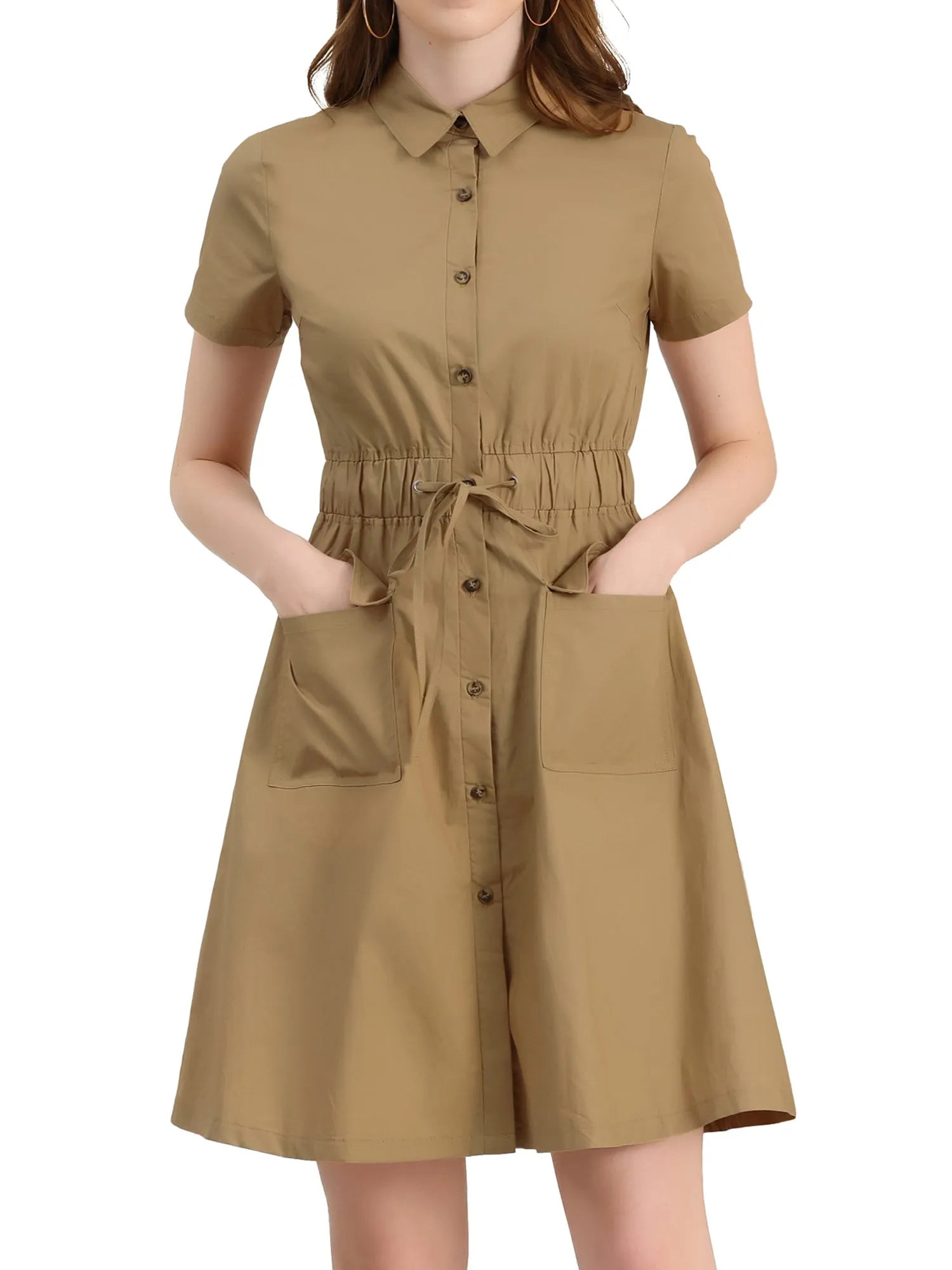 Cotton Button Down Lace-Up Collar Cargo Shirt Dress