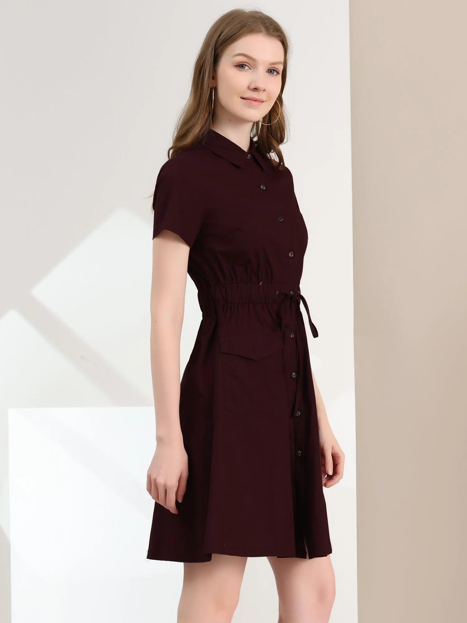 Cotton Button Down Lace-Up Collar Cargo Shirt Dress