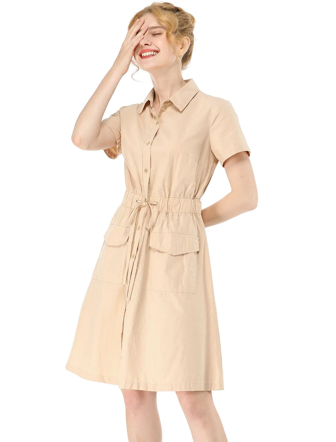 Cotton Button Down Lace-Up Collar Cargo Shirt Dress