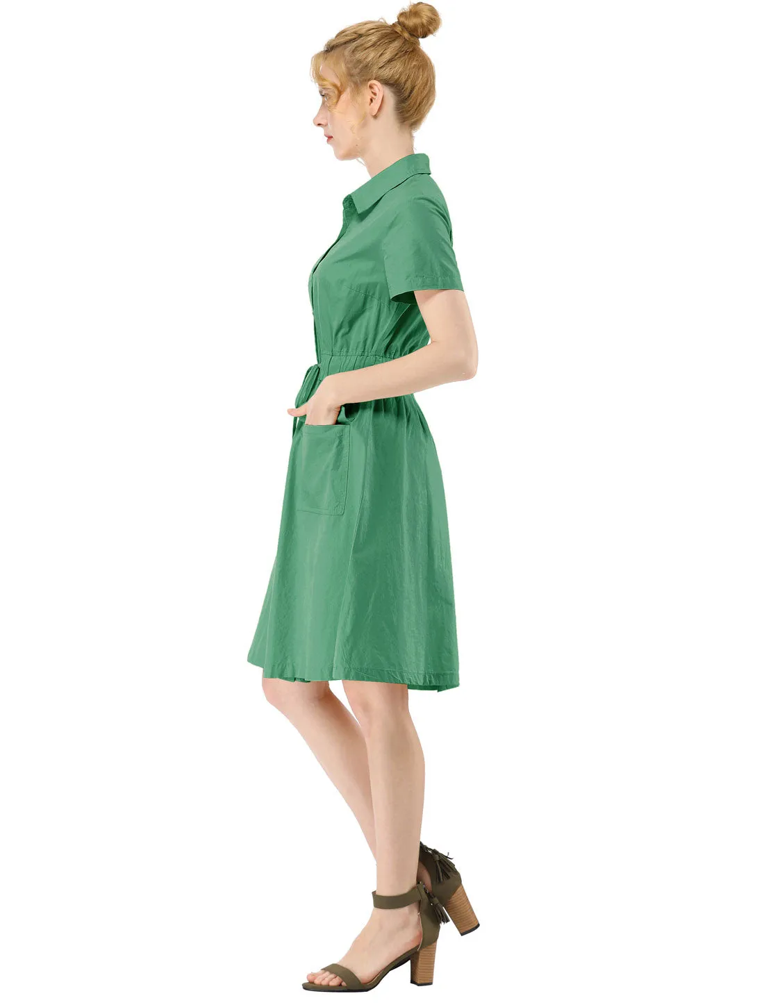 Cotton Button Down Lace-Up Collar Cargo Shirt Dress